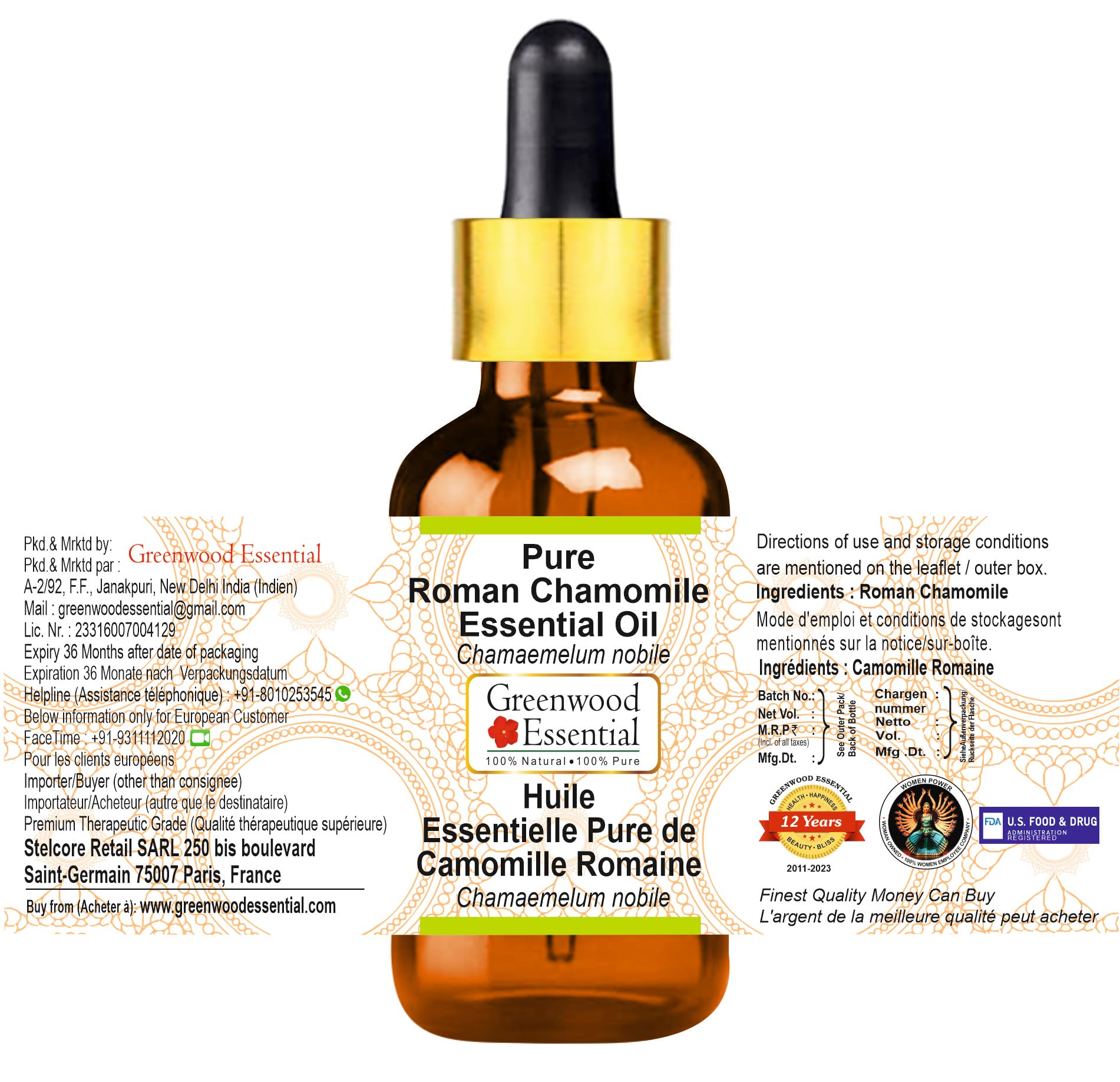 Pure Roman Chamomile Essential Oil (Chamaemelum nobile) 100ml (3.38 oz) - Steam Distilled, Therapeutic Grade with Glass Dropper - Perfect for Aromatherapy, Massage & Stress Relief