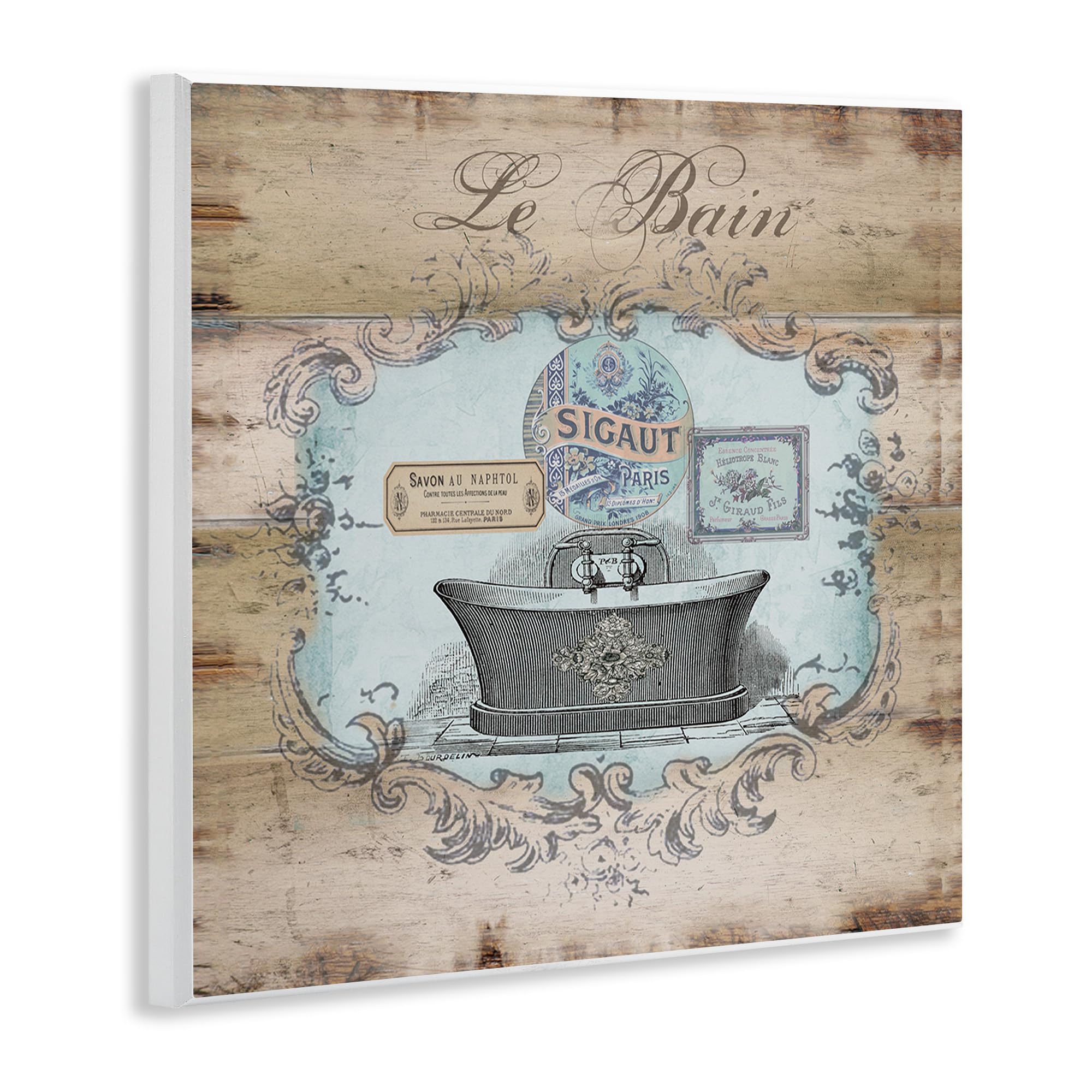 Stupell Home Décor Le Bain Wood Look Bath Wall Plaque Art - 12 x 0.5 x 12 Inches - Handmade in USA - Perfect for Bathroom Decor, Farmhouse Style & Spa Inspired Interiors