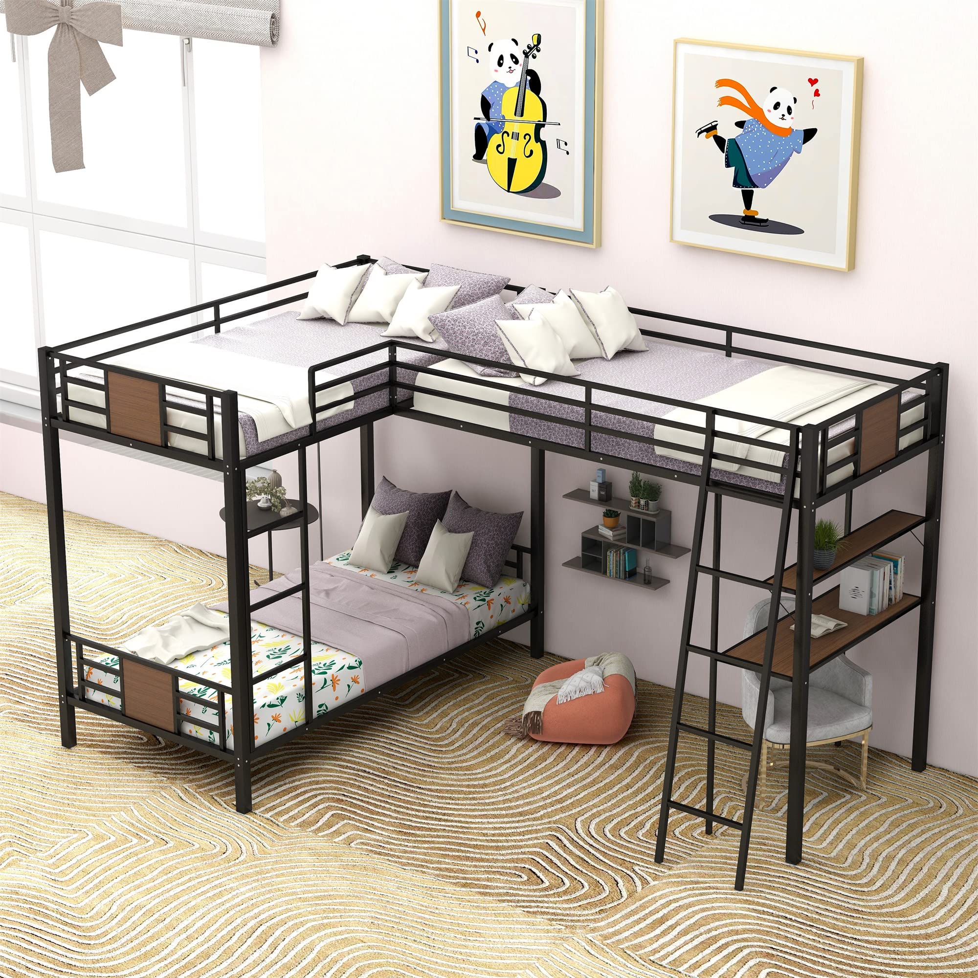 MERITLINE L-Shaped Triple Metal Bunk Bed with Desk & Shelf - Twin Over Twin Bunk Bed with Loft - Space-Saving 3 Bed Bunk Bed for Kids & Teens (Brown) - Perfect for Small Bedrooms, Dorm Rooms & Shared Kids' Spaces