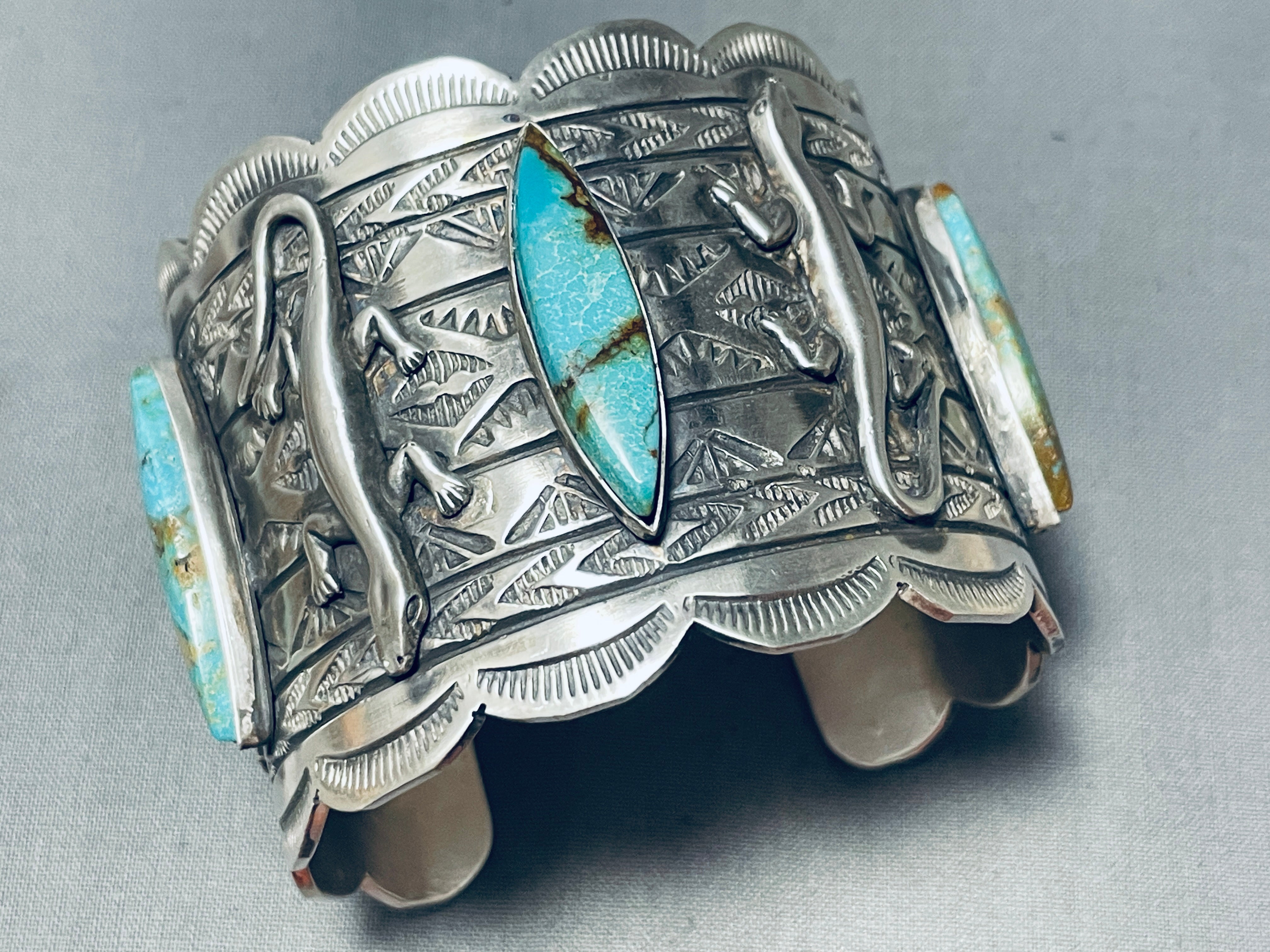 Authentic Native American Navajo Royston Turquoise Sterling Silver Gecko Bracelet - 100+ Grams - Handcrafted Jewelry for Women - Perfect for Boho, Western & Festival Fashion