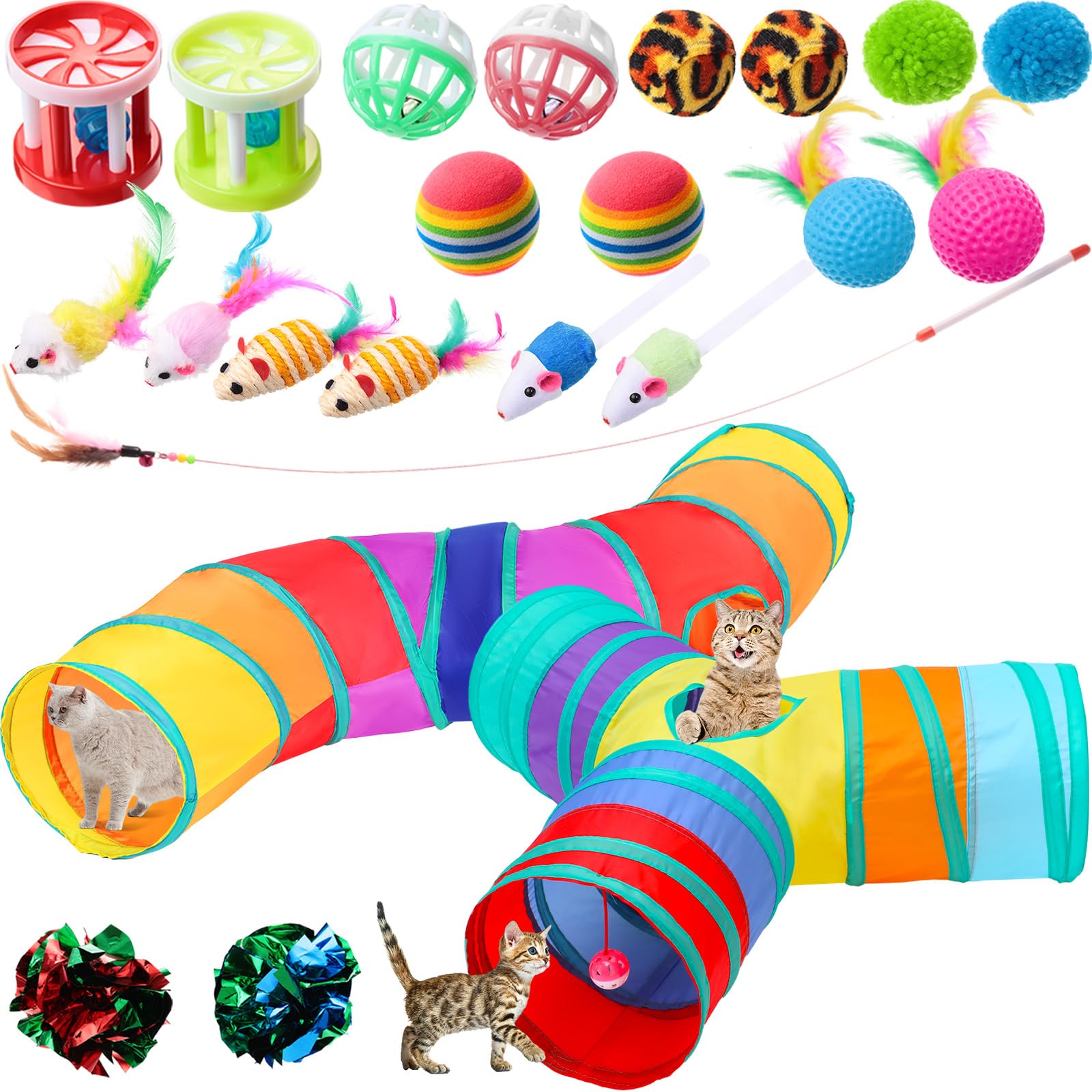 22-Piece Cat Kitten Toys Set with 2 Collapsible Cat Tunnels & 20 Interactive Toys - Feather Wands, Fluffy Mice, Crinkle Balls - Fun Playtime for Kittens & Puppies (Multicolor) | Perfect for Indoor Play, Exercise & Bonding with Your Pets