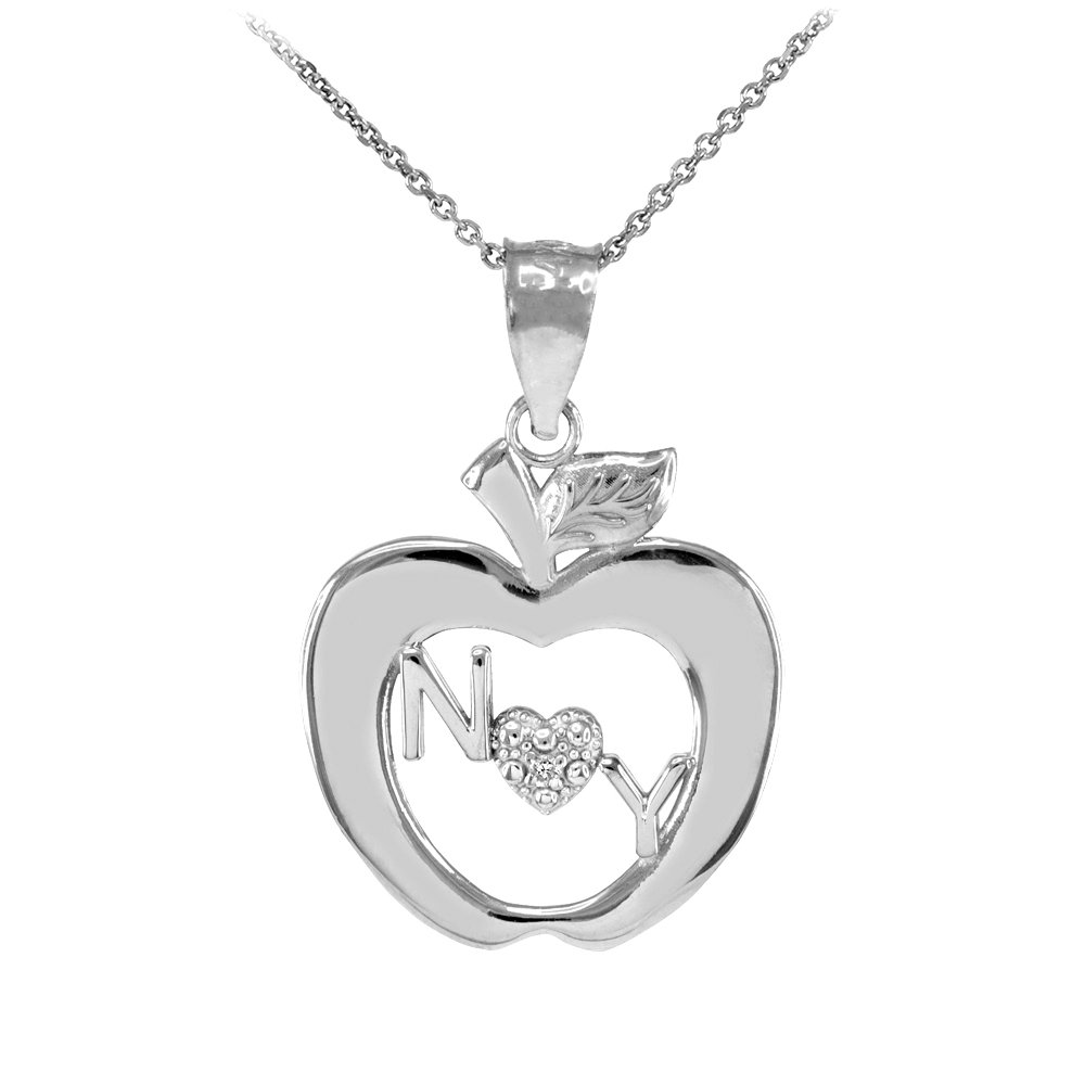 14K White Gold New York Big Apple Diamond Pendant Necklace - 22