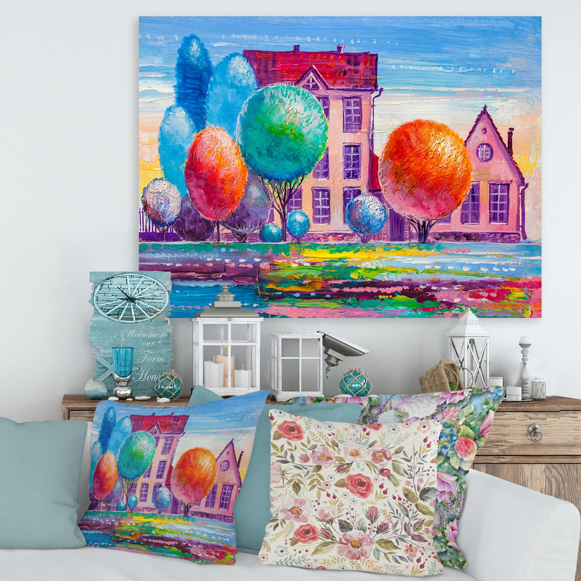 DesignQ Daydream House In The Village - Traditional Landscape Canvas Wall Art Painting for Living Room, Bedroom & Office Decor