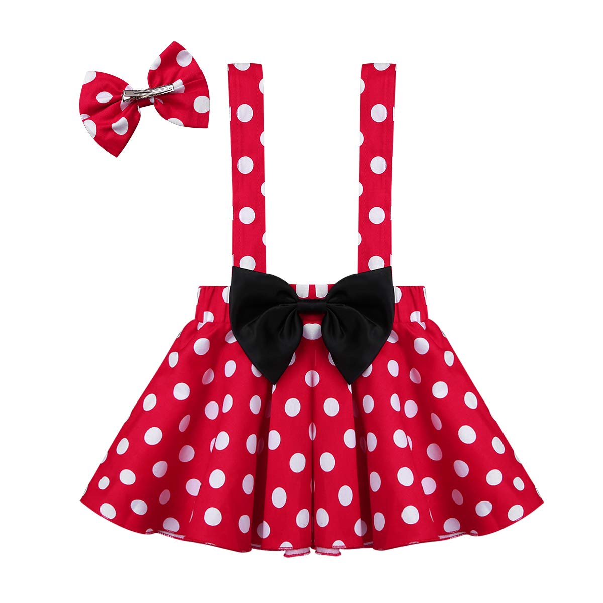ACSUSS Toddler Girls Cotton Pleated Polka Dot Suspender Skirt Set with Bow Hair Clips - Cute Outfit for Baby Photos, Birthday Parties & Special Occasions