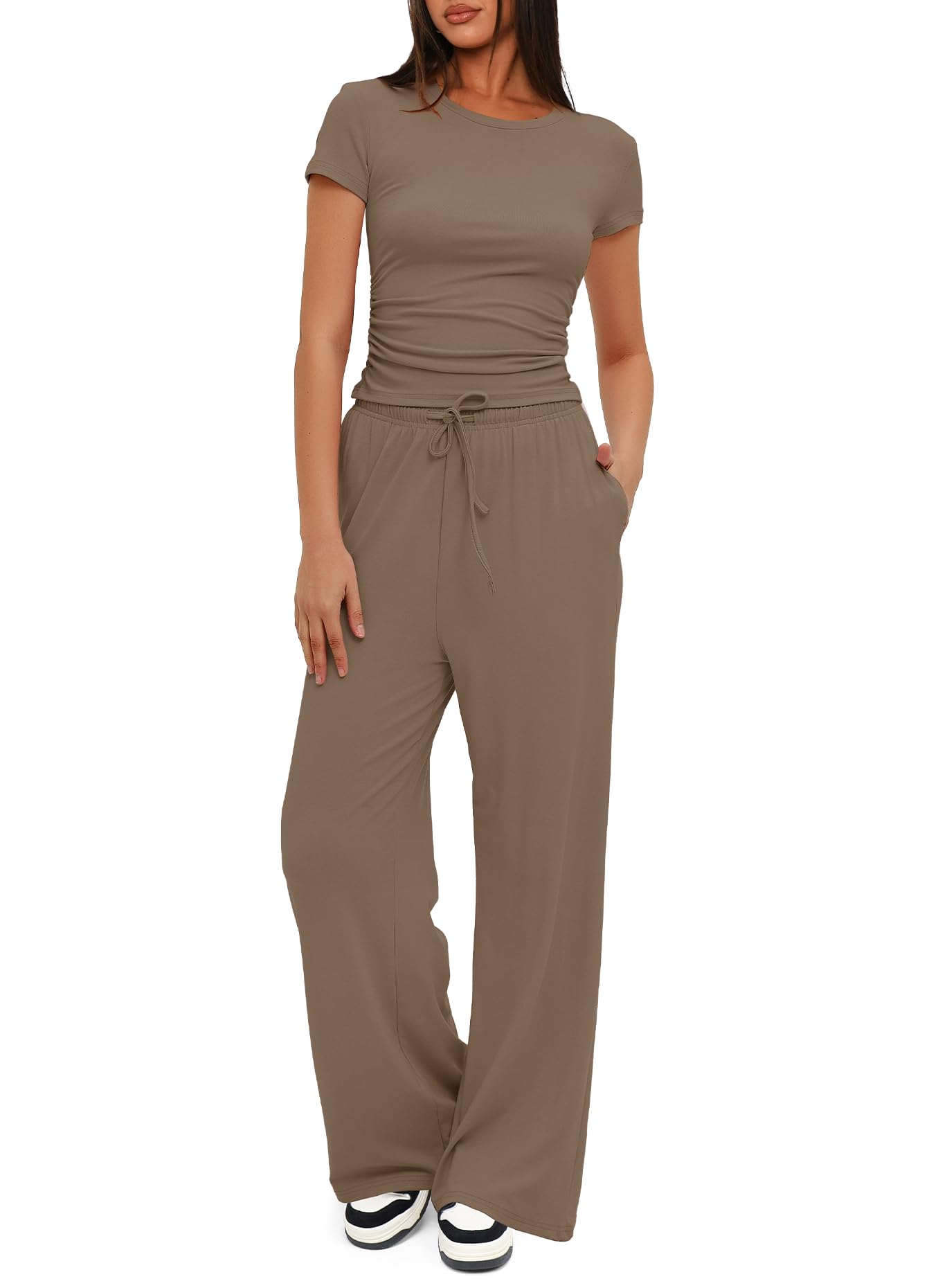 Darong Women's 2 Piece Lounge Set - Ruched Short Sleeve Top & High Waisted Wide Leg Pants Tracksuit Outfit | Casual Wear, Yoga, Home Comfort, Street Style Fashion