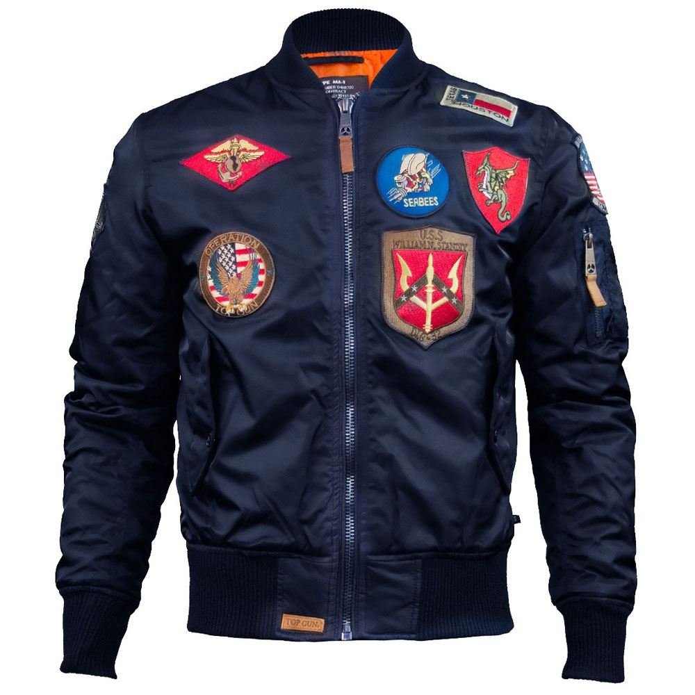 Top Gun MA-1 Nylon Bomber Jacket with Military Patches - Stylish Vintage Flight Jacket for Men & Women - Perfect for Casual Wear, Motorcycle Riding & Aviation Enthusiasts