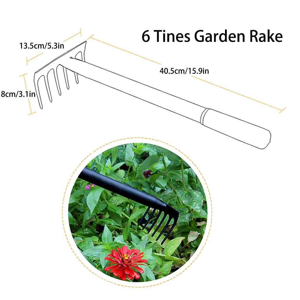 6-Tine Manganese Steel Garden Rake with Comfortable Grip - Durable Black Hand Rake & Small Tiller Tool for Weeding, Soil Aeration, and Garden Maintenance