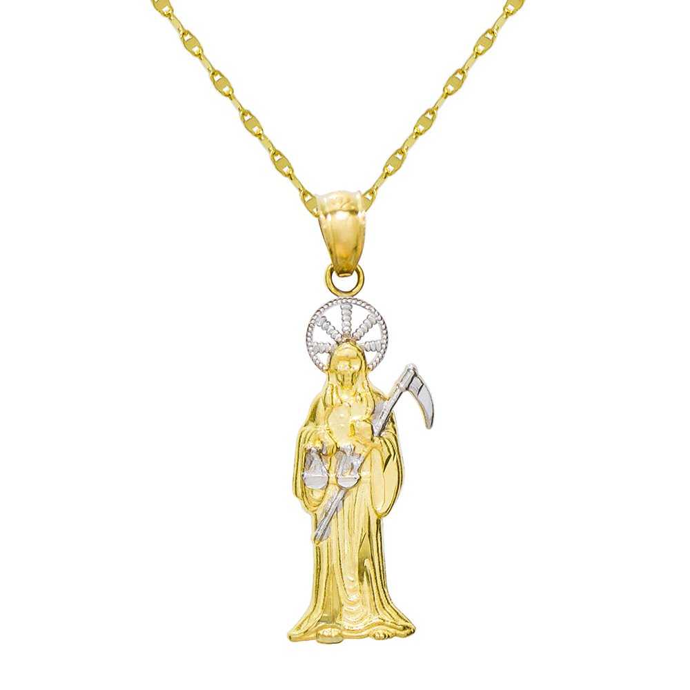 14K Two Tone Gold Santa Muerte Charm Pendant Necklace - 0.8mm Twisted Snail Chain - Elegant Religious Jewelry for Women, Perfect for Gifts, Everyday Wear & Special Occasions