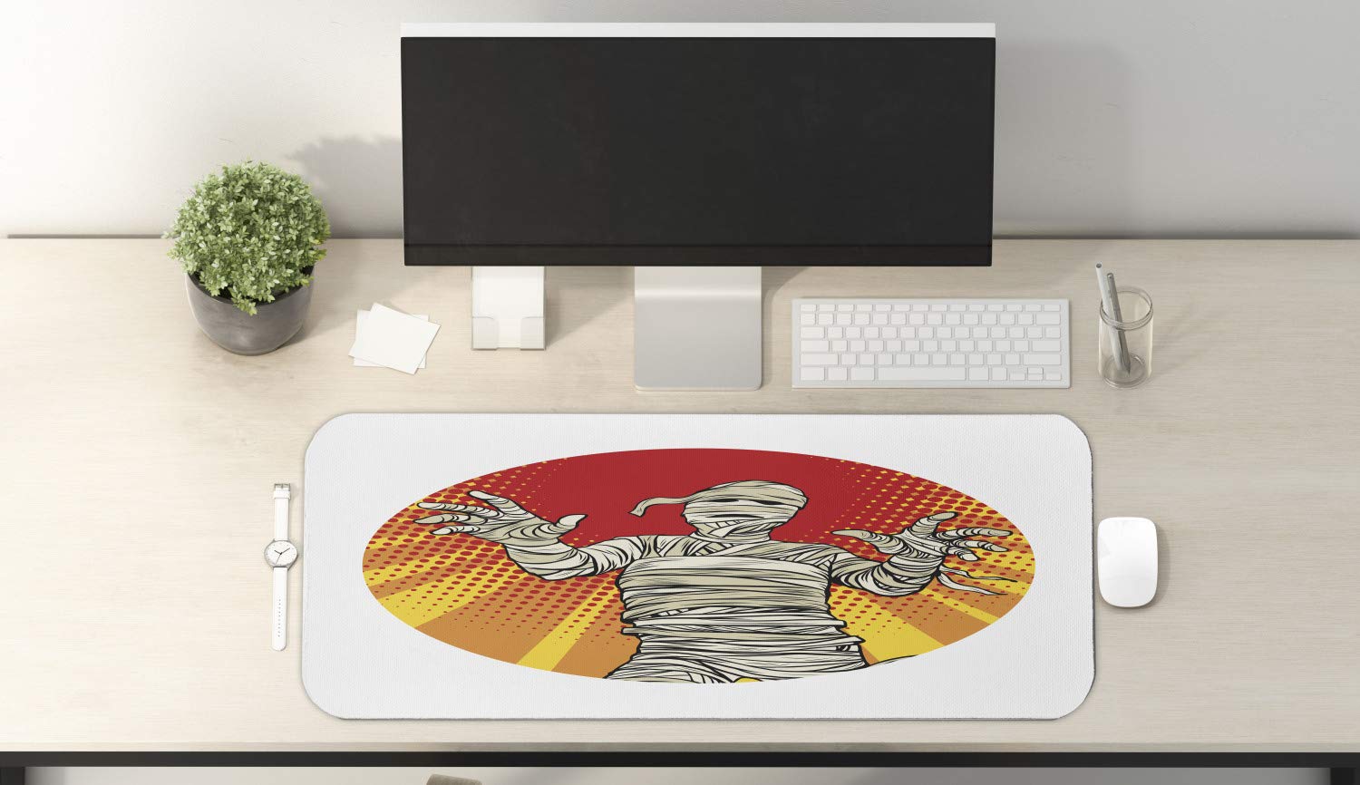Ambesonne Halloween Gaming Mouse Pad - Egyptian Mummy Retro Pop Art Design, Non-Slip Rubber Base, Large 31