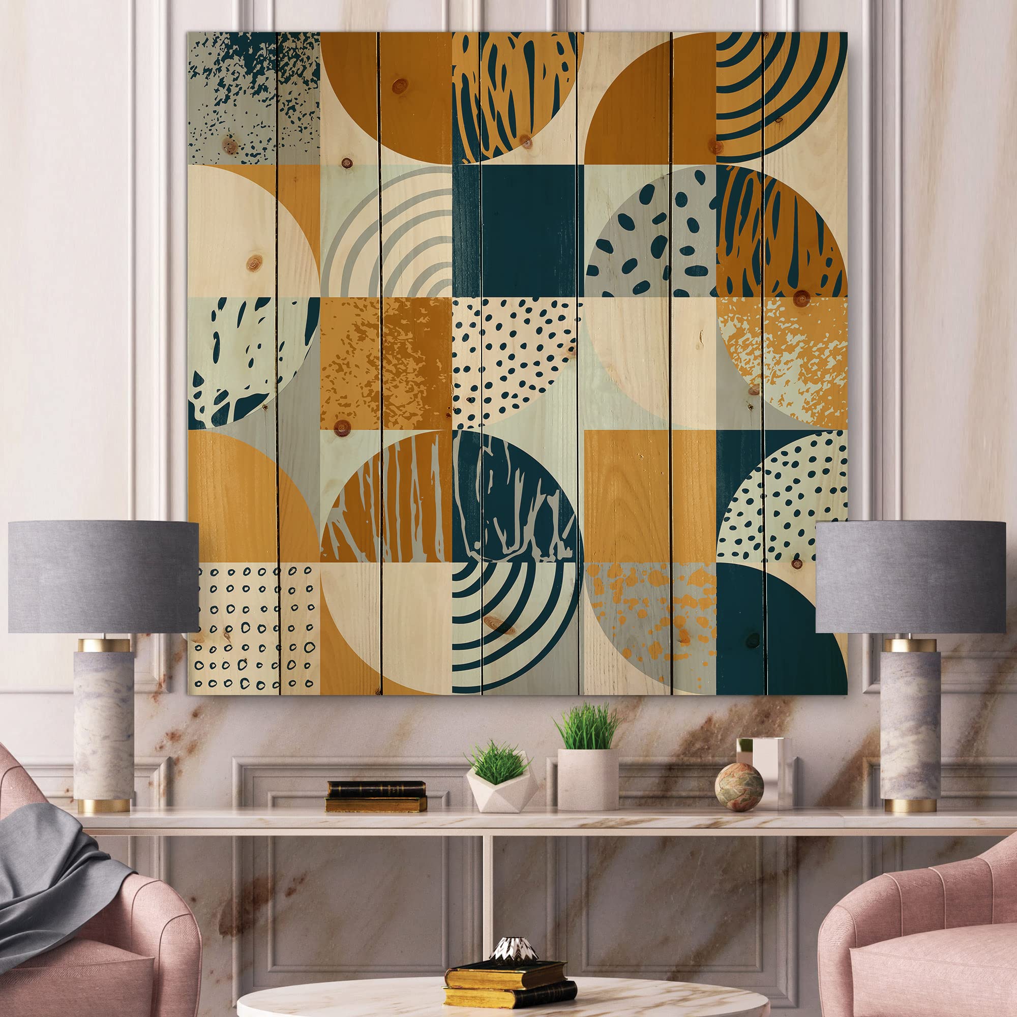 Modern Geometric Wood Wall Art - Retro Semicircles, Circles & Squares Design on Natural Pine Wood - Large Blue Contemporary Wall Decor for Living Room, Bedroom or Office