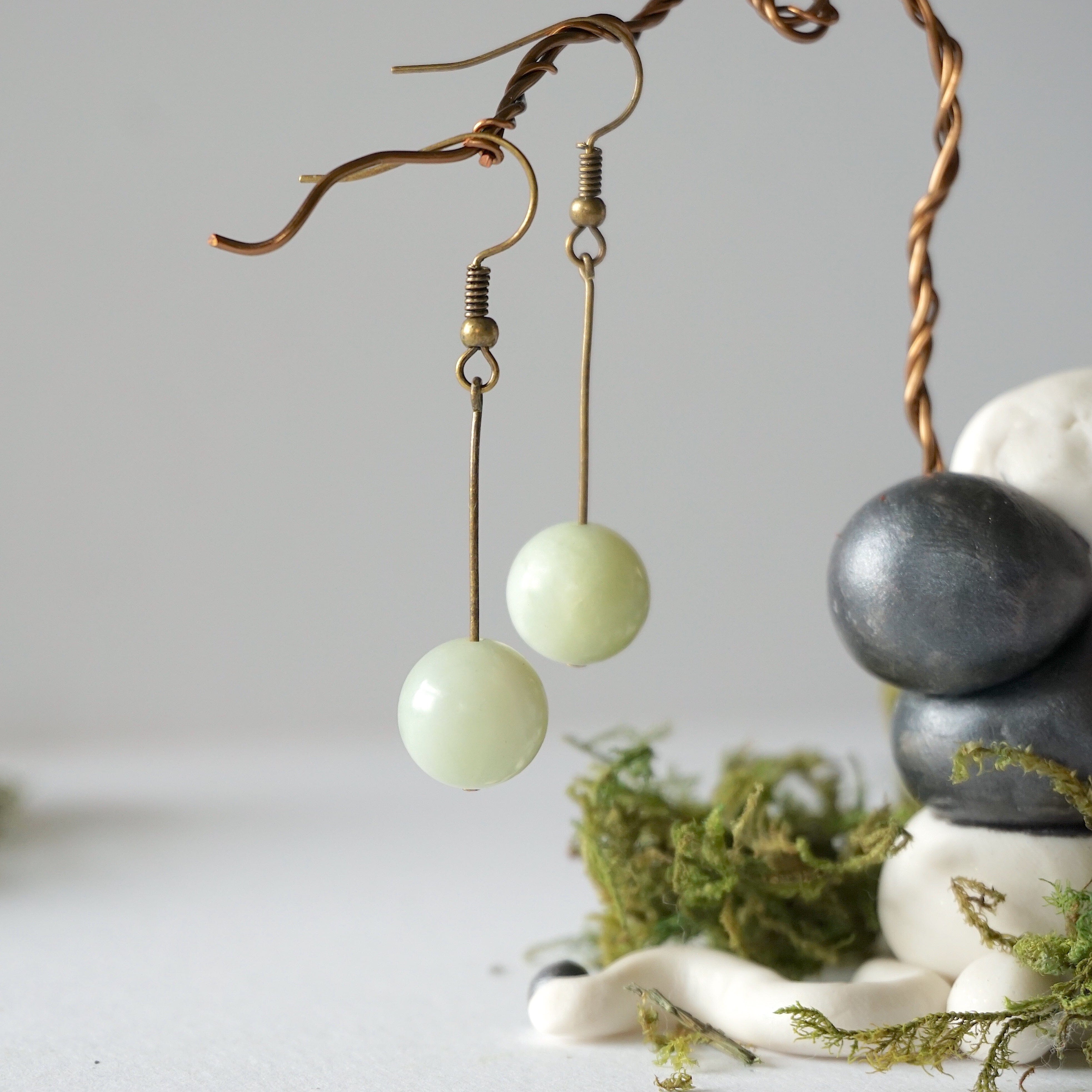 Exquisite Jade Bead Drop Earrings in Antique Bronze - Elegant Dangle Jewelry for Women, Perfect for Weddings, Parties & Special Occasions