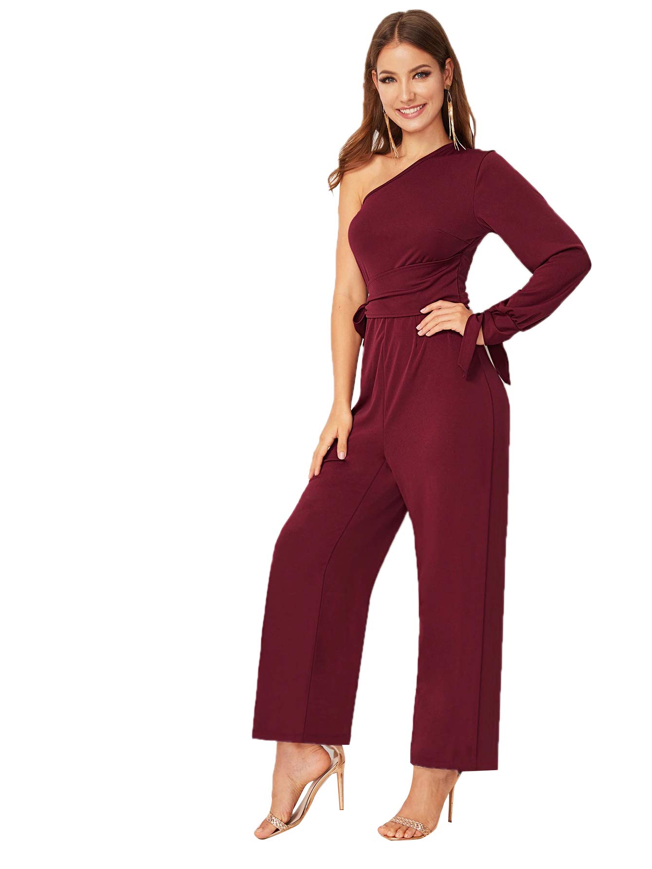 SweatyRocks Women's One Shoulder Tie Waist Wide Leg Jumpsuit - Elegant Long Romper for Summer Beach, Party & Casual Outfits