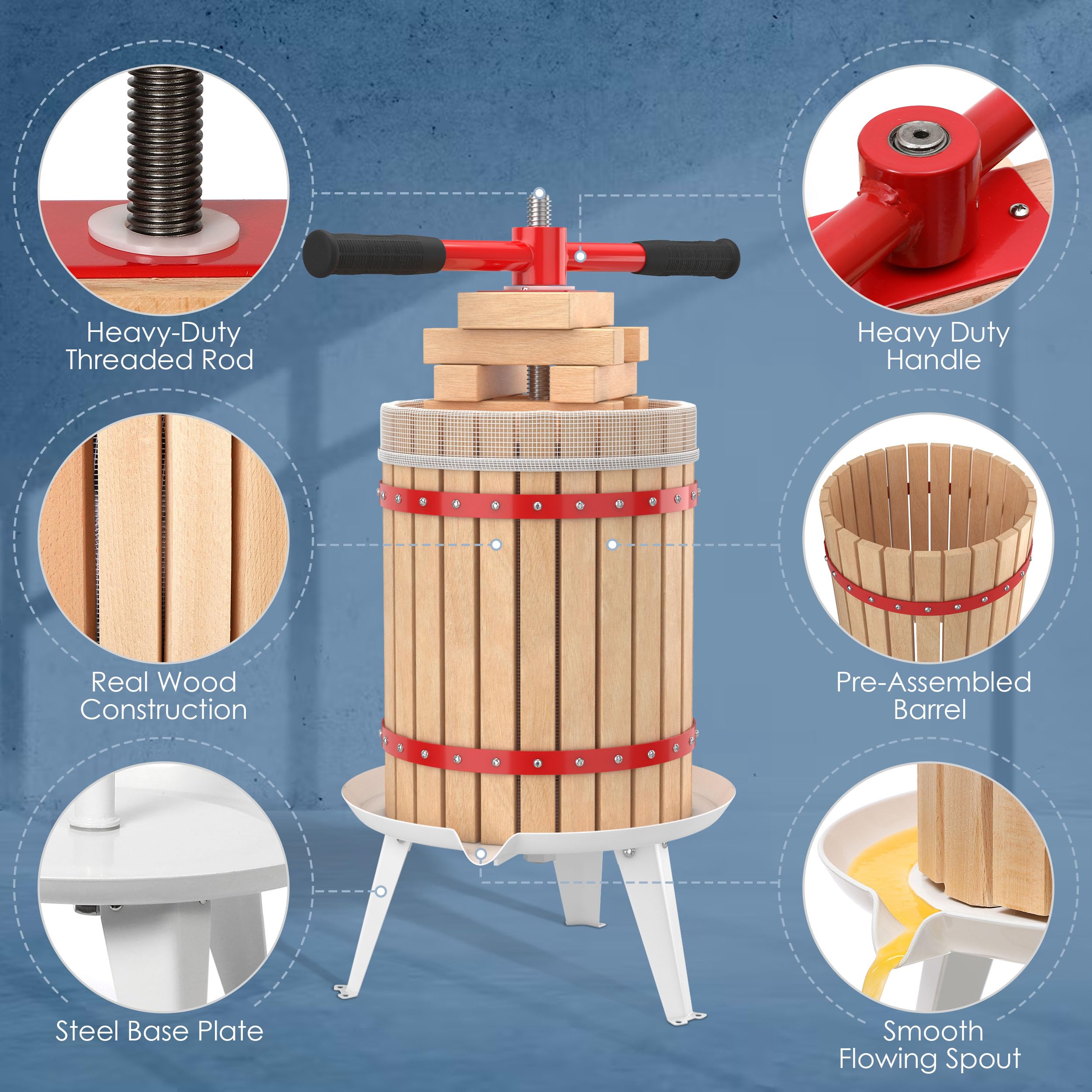 Houseables 4.75 Gallon Heavy Duty Wine Press & Fruit Crusher Kit - Apple Cider Press, Grape Juicer for Wine Making, Home Brewing & Juice Extraction - Perfect for Winemakers, Cider Enthusiasts & Homemade Juice Lovers