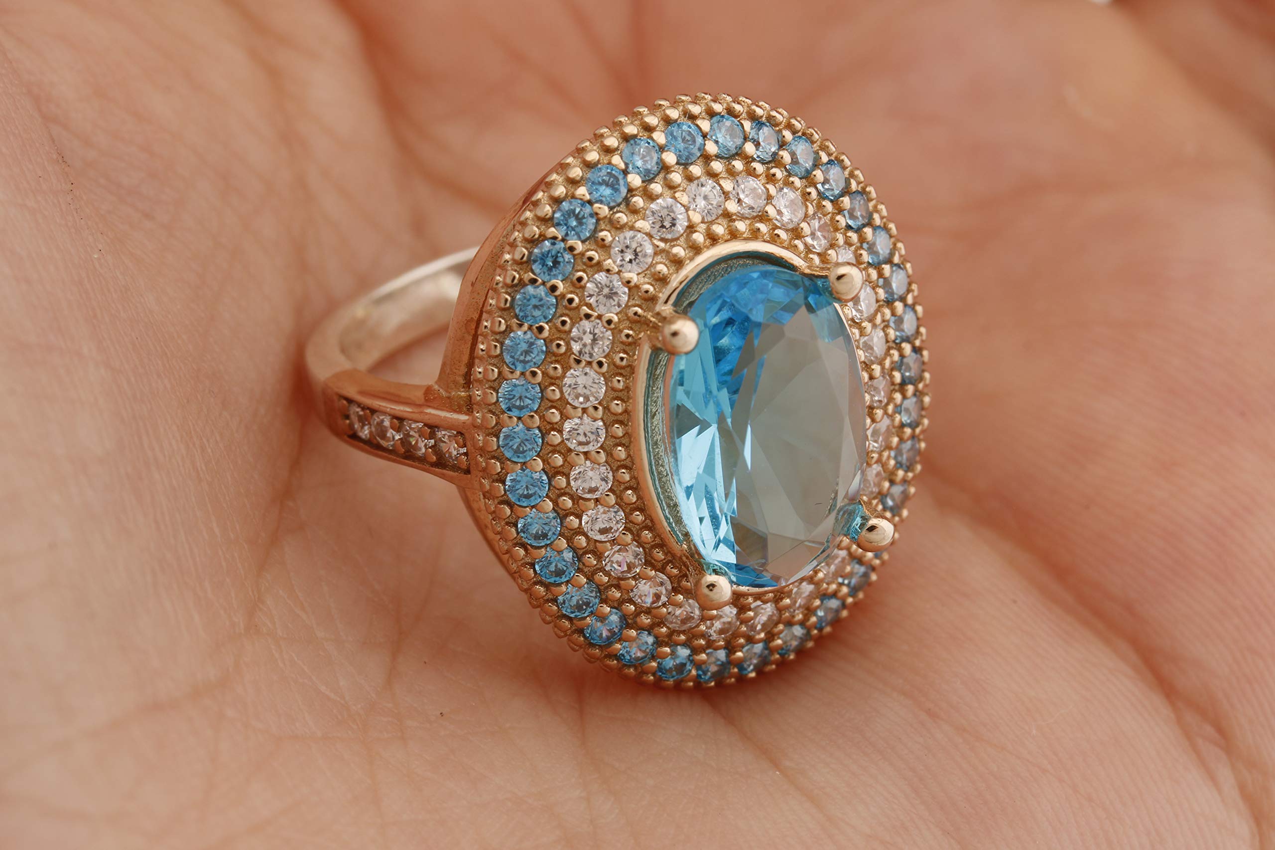 Handmade Turkish 925 Sterling Silver Ring with London Blue Topaz & Round Cut Topaz - Oval Shape Jewelry for Women - Perfect for Weddings, Parties & Everyday Wear (All Sizes Available)