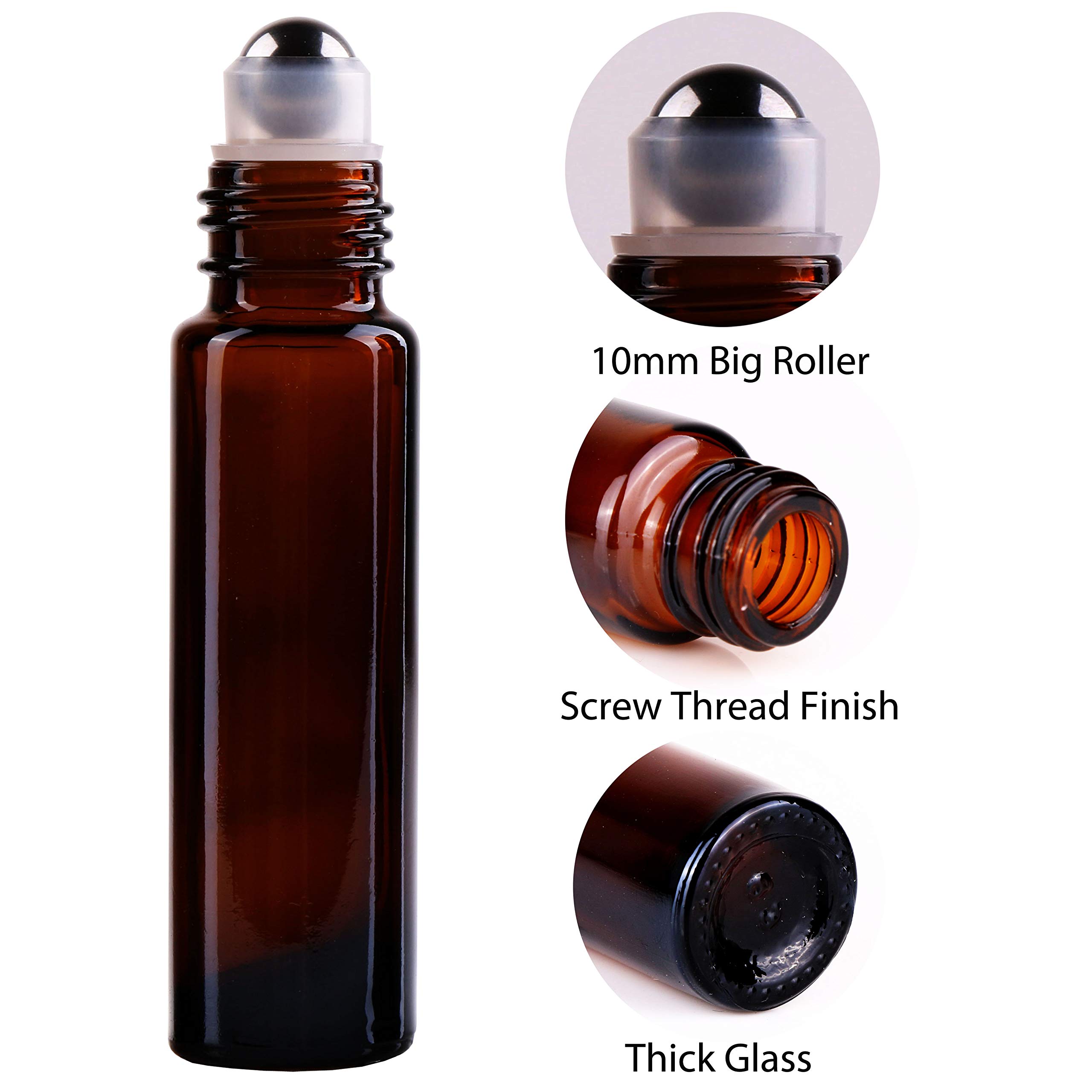 24 Pack 10ml Amber Glass Roller Bottles for Essential Oils - Aromatherapy Roll On Bottles with Stainless Steel Balls & Metal Caps | Perfect for DIY Blends, Travel & Gift Giving