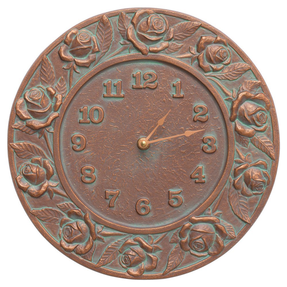 Whitehall Products Rose Clock in Copper Verdi Finish - Elegant Vintage Wall Clock for Living Room, Bedroom, or Office Decor