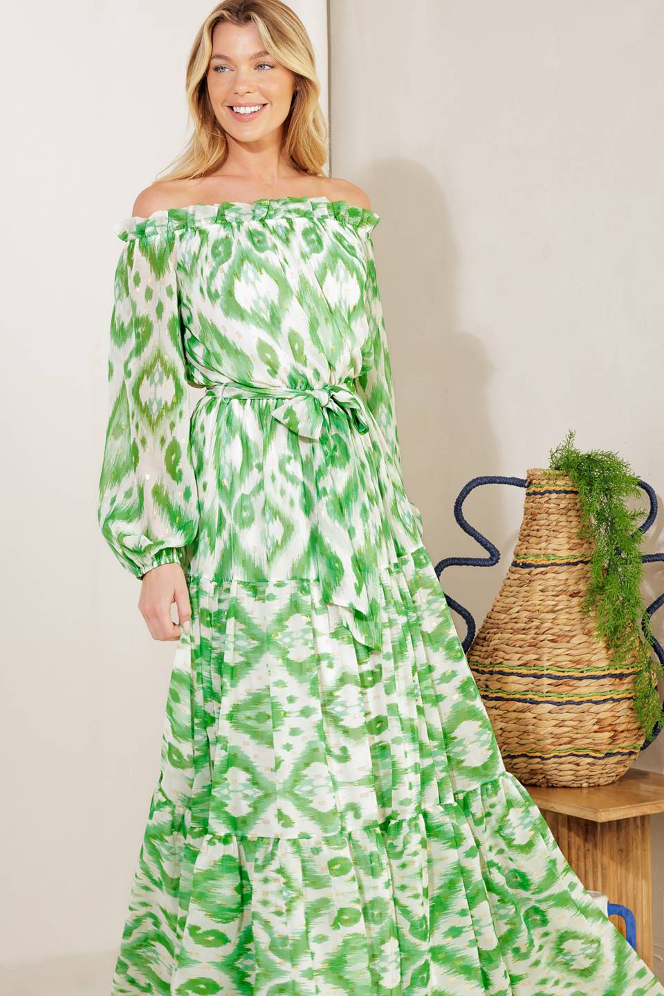 Eclipse's Whisper Green Long Sleeve Maxi Dress for Women - Elegant Boho Flowy Dress for Party, Wedding & Casual Wear