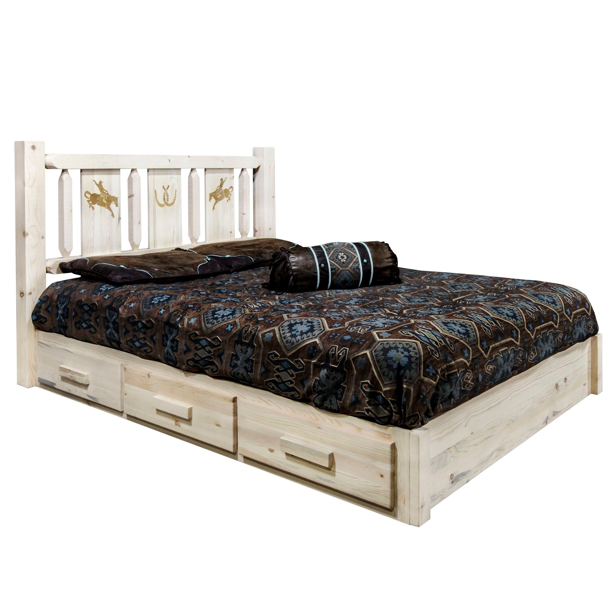 Homestead Platform Bed with Storage - Laser Engraved Bear Design & Clear Lacquer Finish - Perfect for Small Bedrooms and Modern Farmhouse Decor