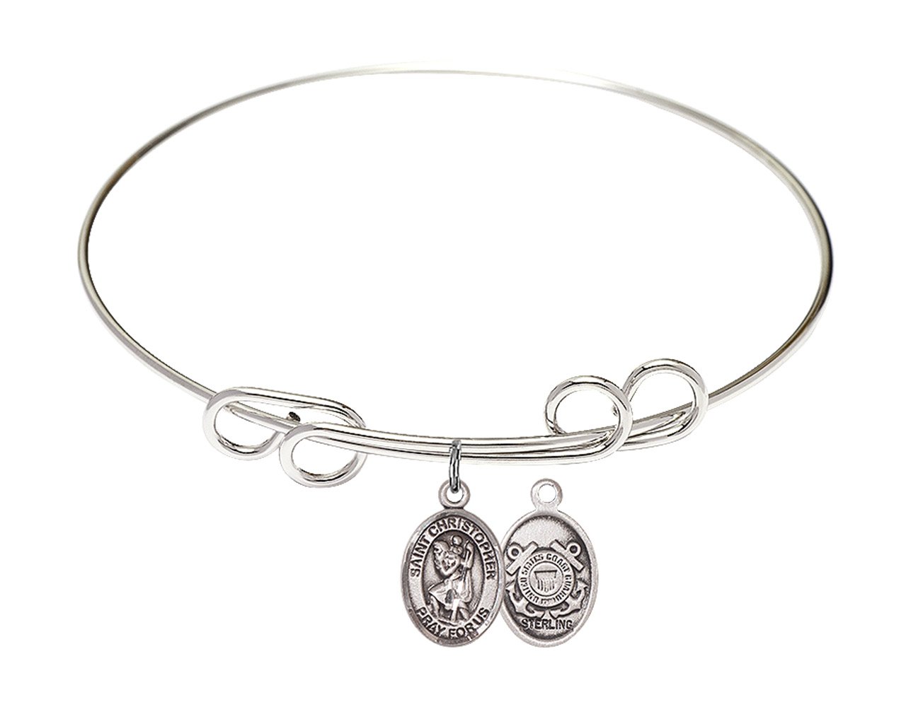 DiamondJewelryNY Sterling Silver Double Loop Bangle Bracelet with St. Christopher & Coast Guard Charm - Perfect for Military Gifts, Religious Jewelry & Everyday Wear