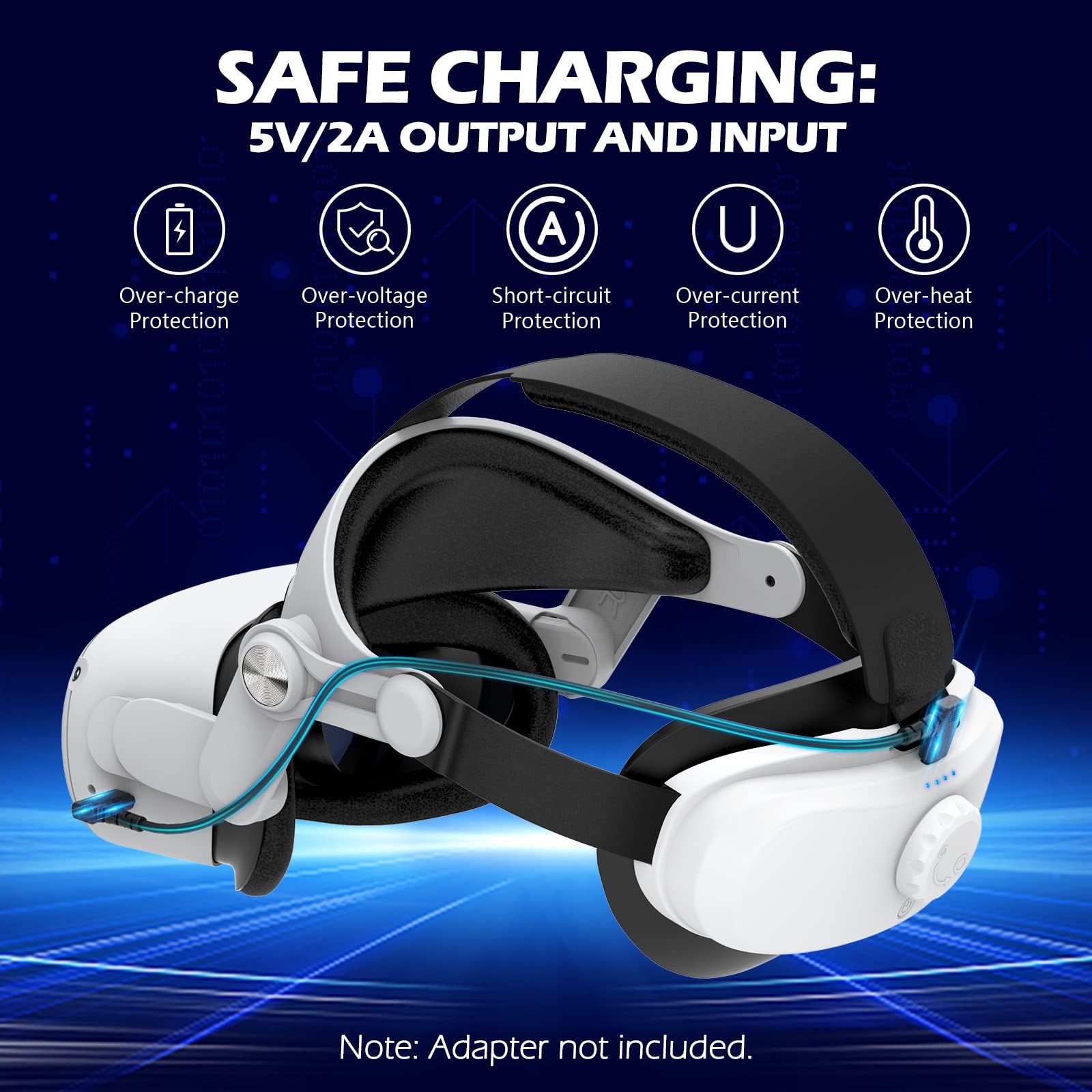 YOGES Rechargeable Battery Head Strap for Oculus Quest 2 - Adjustable VR Headset Accessory with Extended Playtime, Super Soft Foam & Skin-Friendly PU Leather (White) - Perfect for Long VR Gaming Sessions & Enhanced Comfort