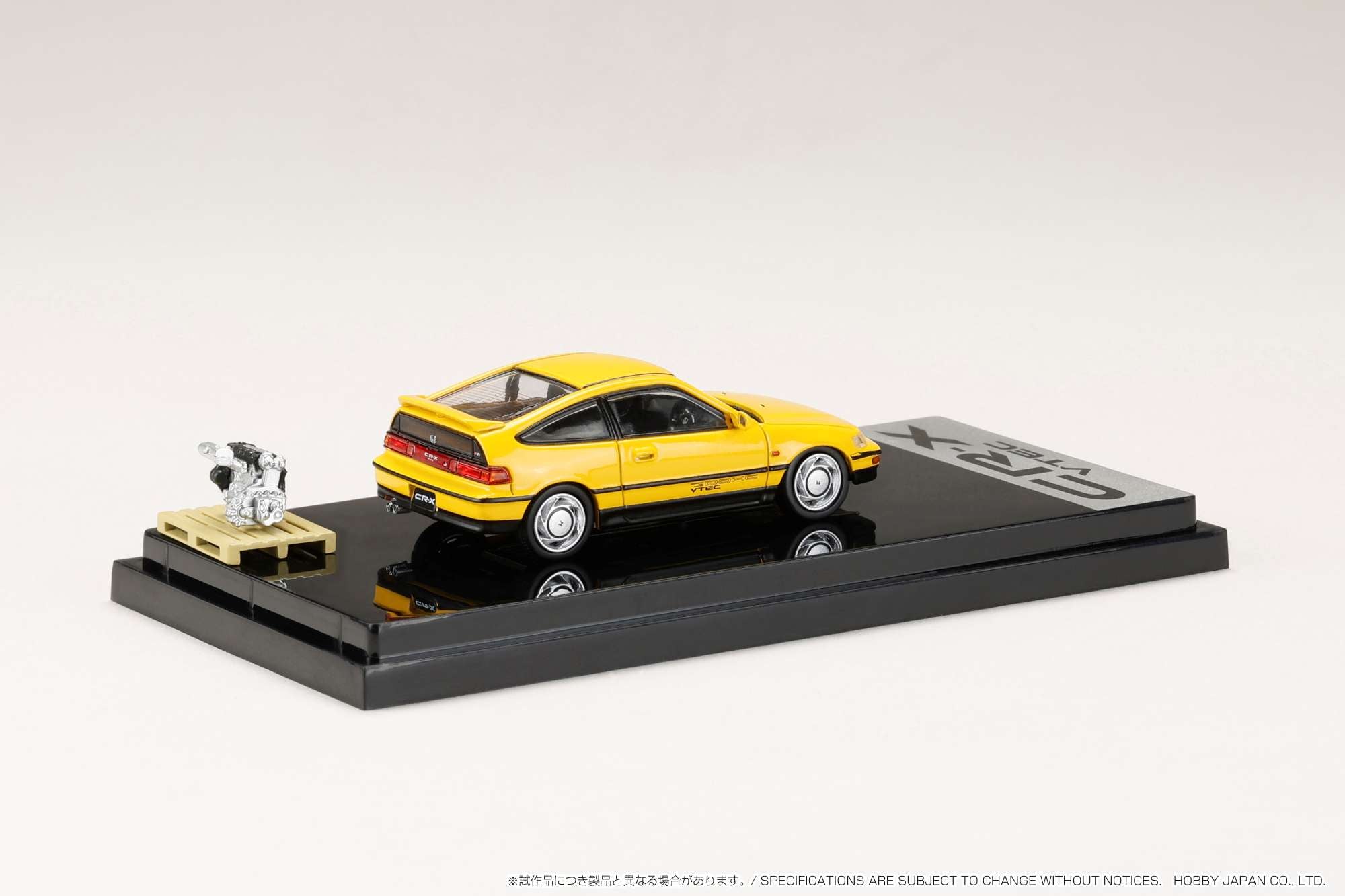 1:64 Scale Honda CR-X SiR (EF8) 1989 Yellow Diecast Model Car with Engine Display - Collectible Japanese Hobby Car for Enthusiasts & Display Case Showcase