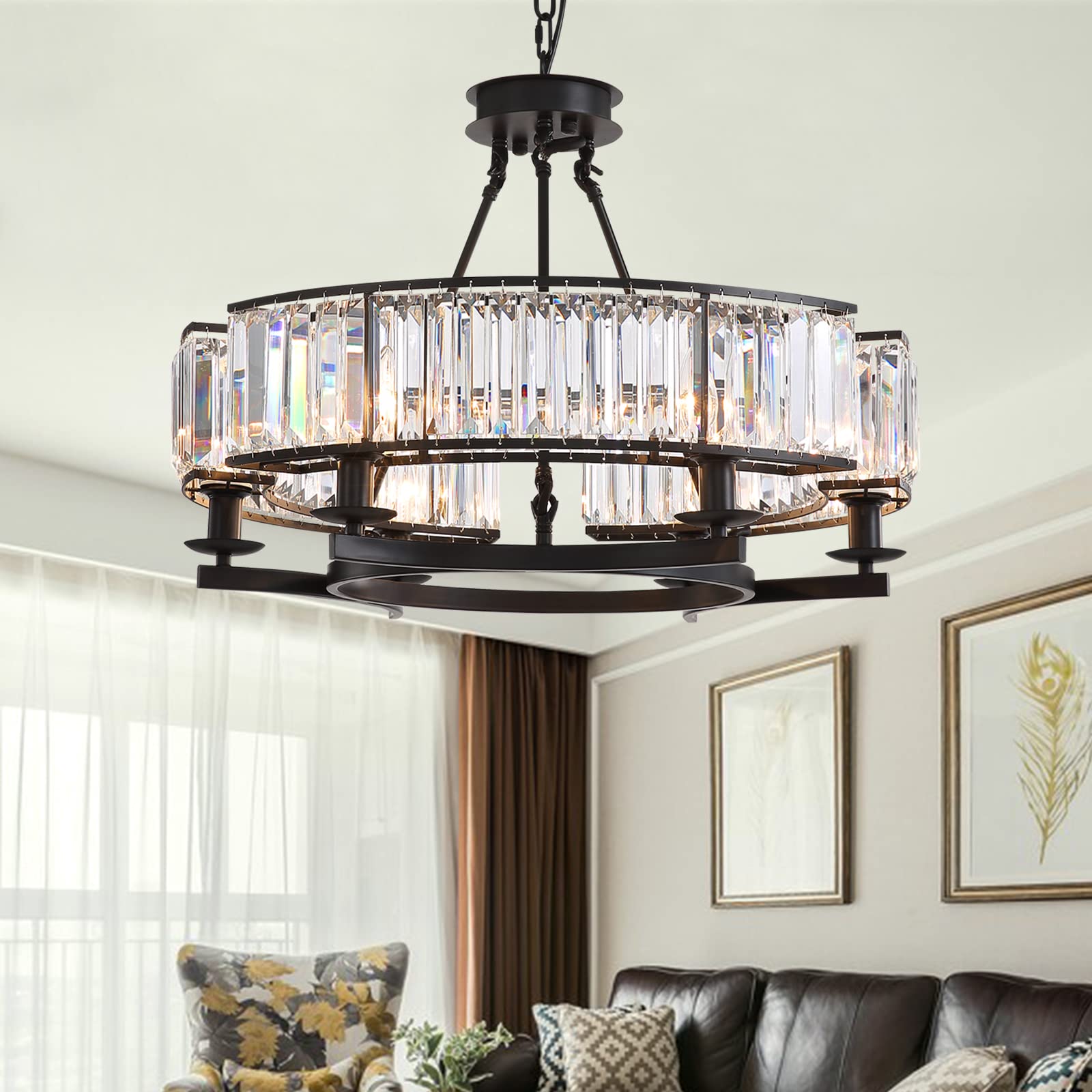 NOXARTE 6-Light Black Round Crystal Chandelier - 26