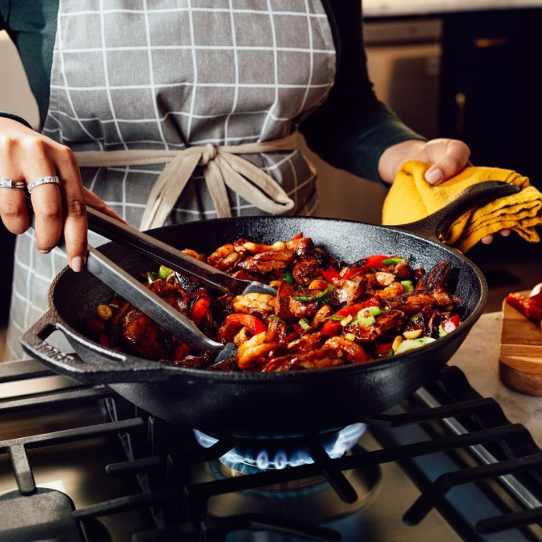 Cast Iron Wok Pan - 12 Inch Chef Collection Skillet for Stir Fry, Deep Frying & Asian Cooking - Pre-Seasoned Carbon Steel Wok with Wooden Handle - Perfect for Home Kitchen & Restaurant Use