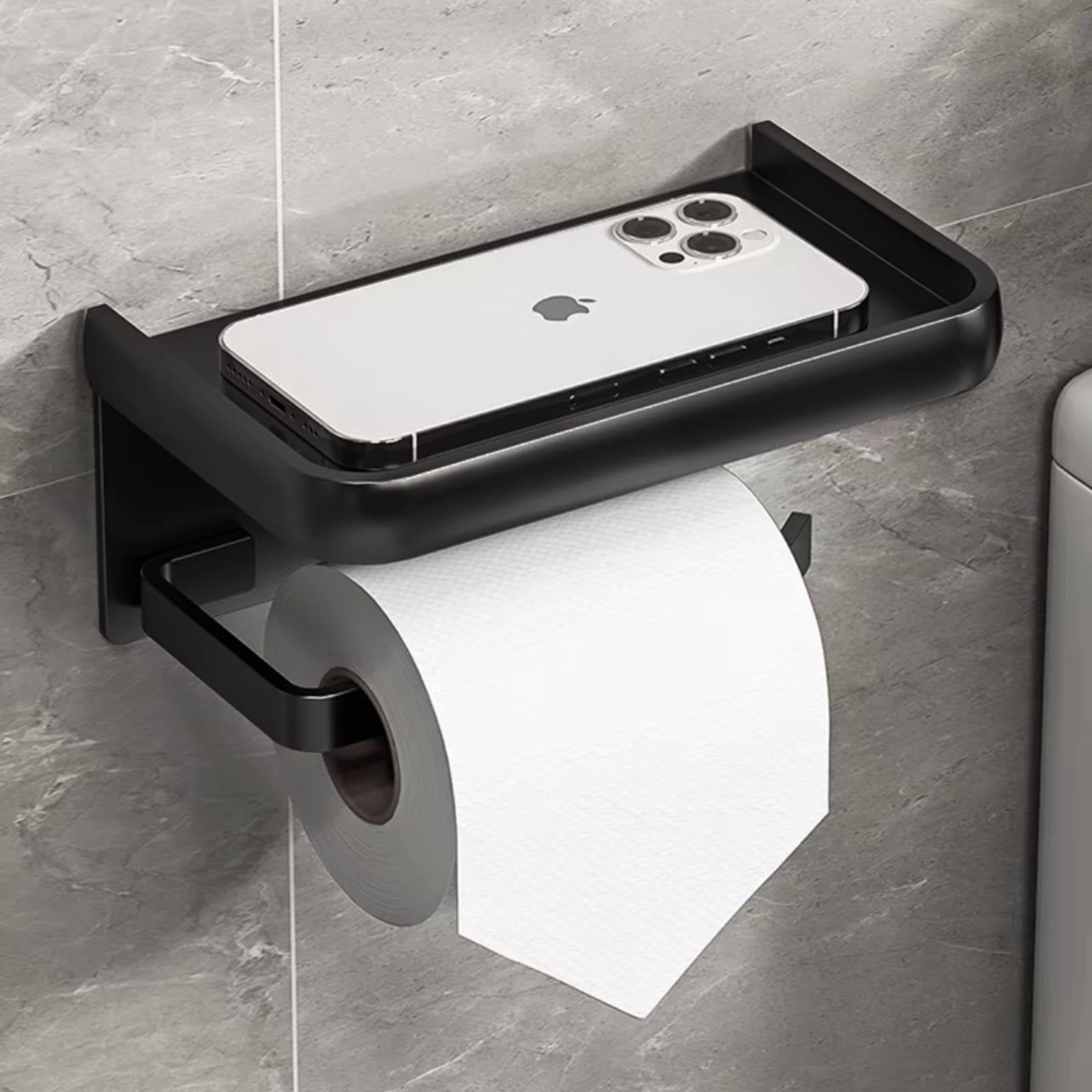 SVOPY Adhesive Toilet Paper Holder with Shelf - Stainless Steel 304, Black Wall-Mounted Bathroom Tissue Roll Holder with Screws for Secure Installation | Perfect for Small Bathrooms, Powder Rooms & RVs