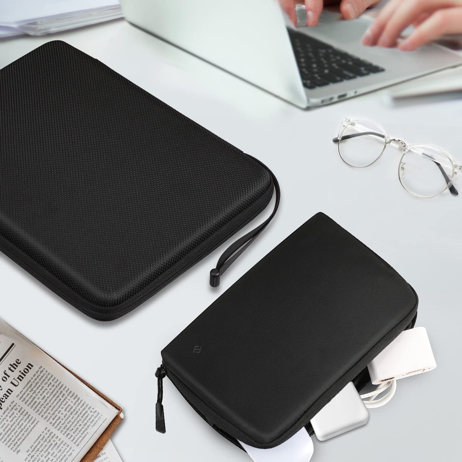 FINPAC 13-14 Inch Hard Laptop Sleeve with Accessory Pouch - Compatible with MacBook Air M4 2025/M3 2024, MacBook Pro M4/M3/M2 & Surface Laptop - Waterproof Protective Case (Black) - Perfect for Travel, Office & School Use