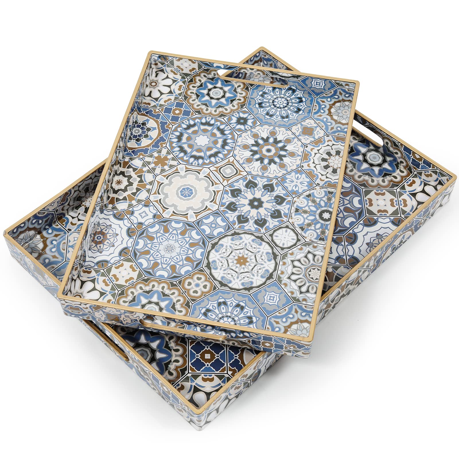 2 Pack Large Boho Serving Trays with Handles - Decorative Ottoman Tray for Coffee Table, Living Room, Bedroom | Blue Bohemian Style Tray for Entertaining, Breakfast in Bed, Spa Day & Home Decor