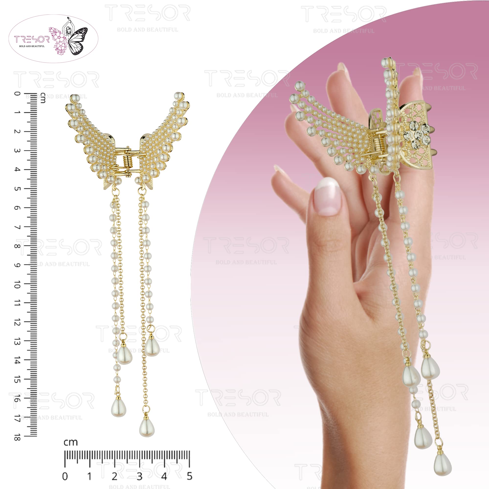 TRESOR Pearl Hair Clips for Women - Elegant Tassel Butterfly Metal Hair Claws, Stylish Hair Accessories for Parties, Weddings & Everyday Use