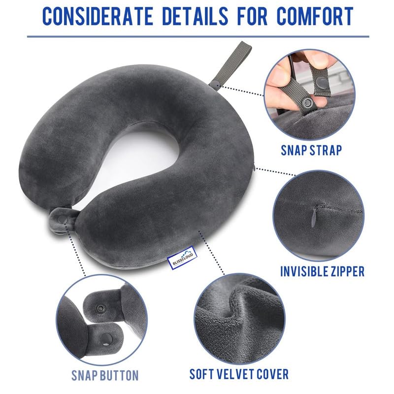 BLISSCLOUD Memory Foam Neck Pillow for Travel - Ergonomic Support for Neck & Head - Perfect for Airplane, Car, Office & Home Use - Ultra Soft & Comfortable Travel Pillow for Long Flights & Road Trips