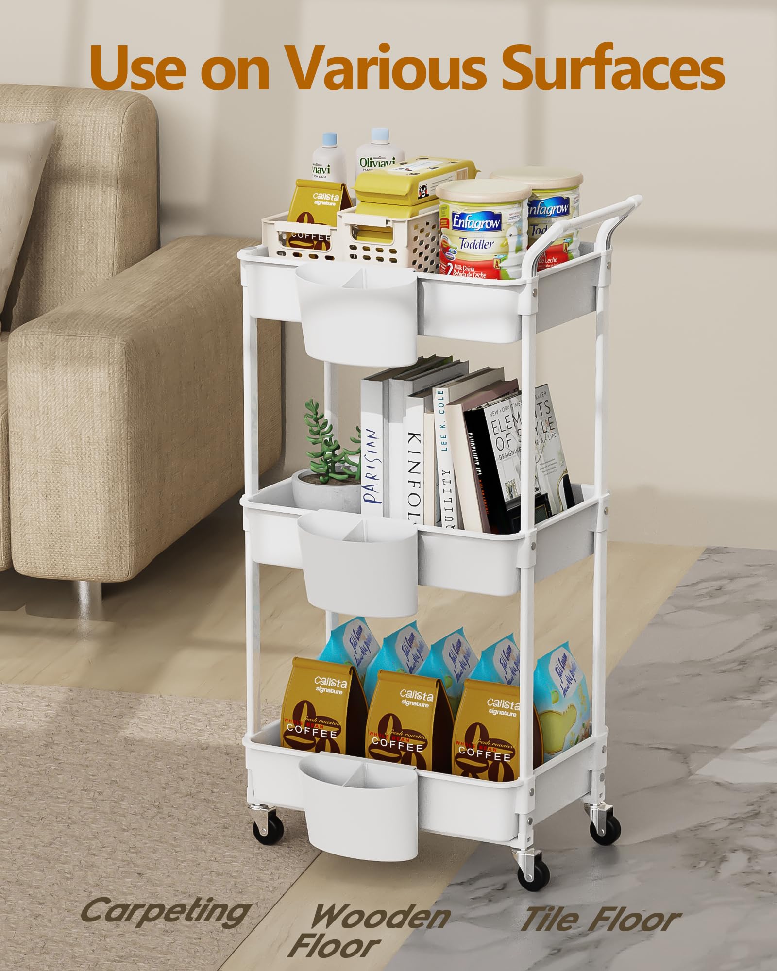 HBTower 3-Tier Rolling Storage Cart with Hanging Cups - Multi-Purpose Mobile Organizer for Kitchen, Bathroom, Office & Makeup - White | Perfect for Small Space Organization, Coffee Station Setup & Beauty Product Storage