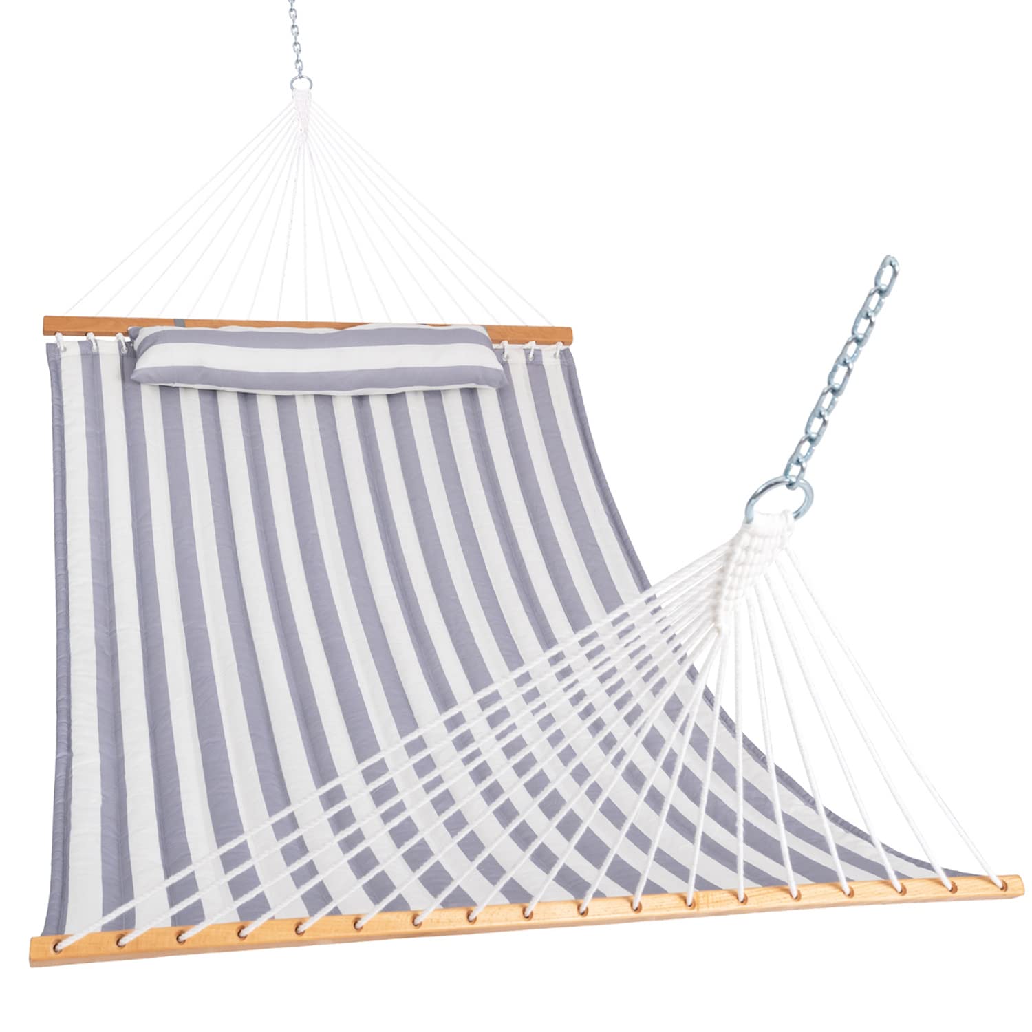 12 FT Quilted Double Hammock with Spreader Bar & Pillow - 2-Person Outdoor Hammock for Patio, Poolside, Backyard & Beach - Heavy Duty 450 lbs Capacity - Gray White - Perfect for Relaxing, Lounging & Napping in Your Garden or Vacation Spot