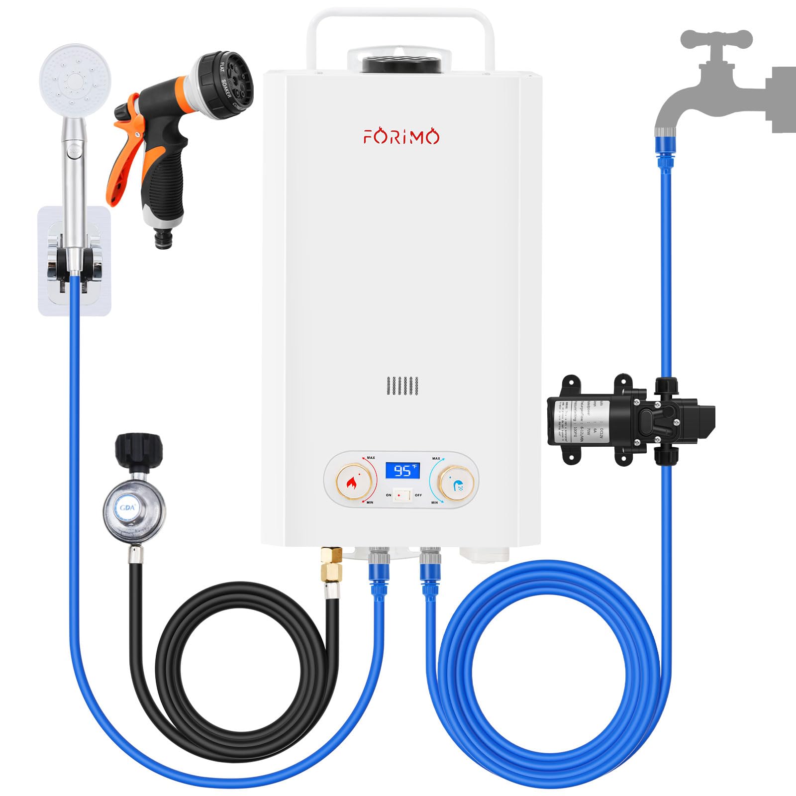 **2.11GPM 8L Outdoor Portable Propane Tankless Water Heater with Digital Display & 2GPM Water Pump - Instant Hot Water for Camping, Boating, RV & Cabin Use**
