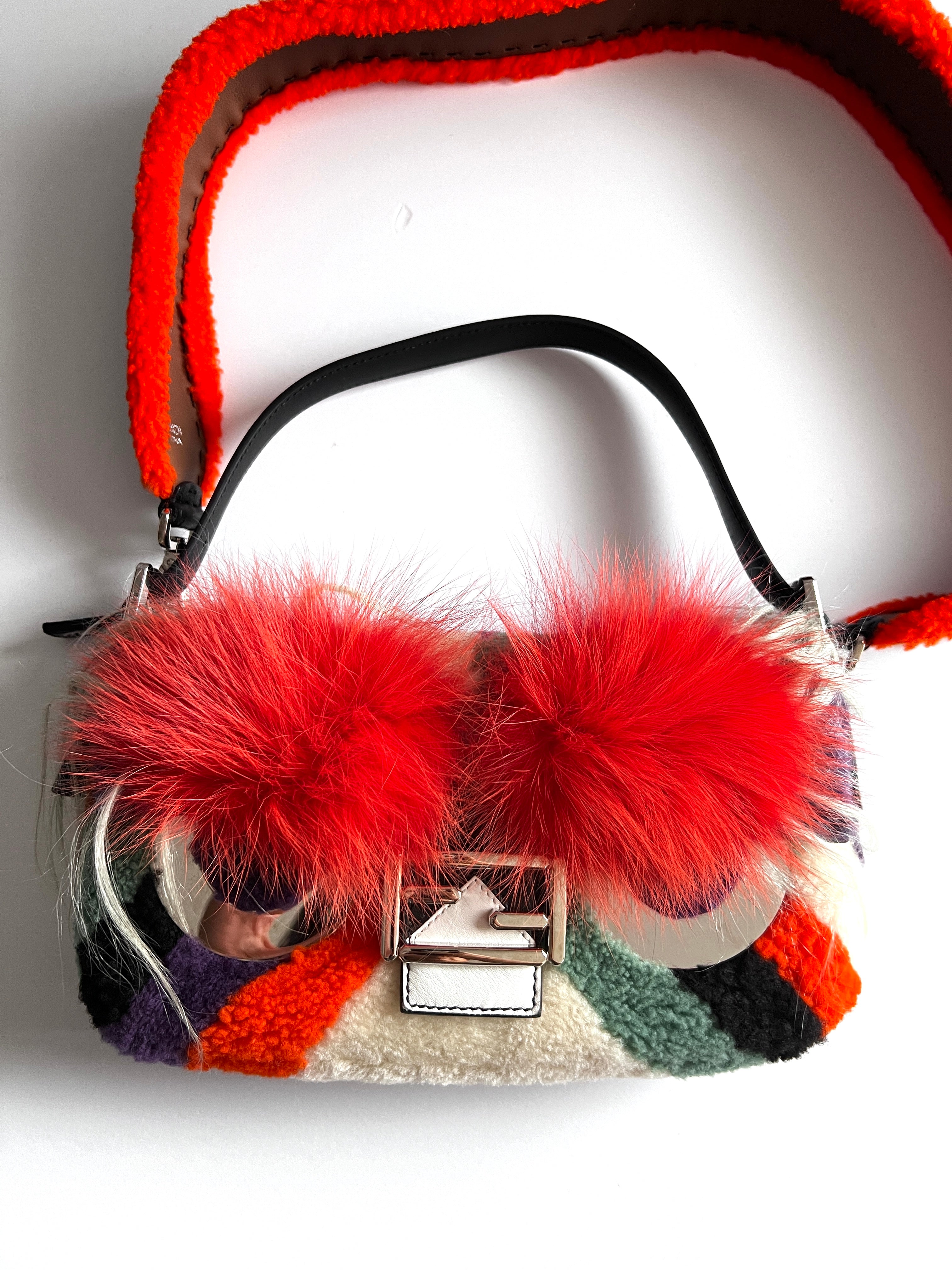Fendi Angry Bird Shearling Baguette Crossbody Bag with Adjustable Long Strap - Stylish Luxury Handbag for Women, Perfect for Daily Use & Evening Outings
