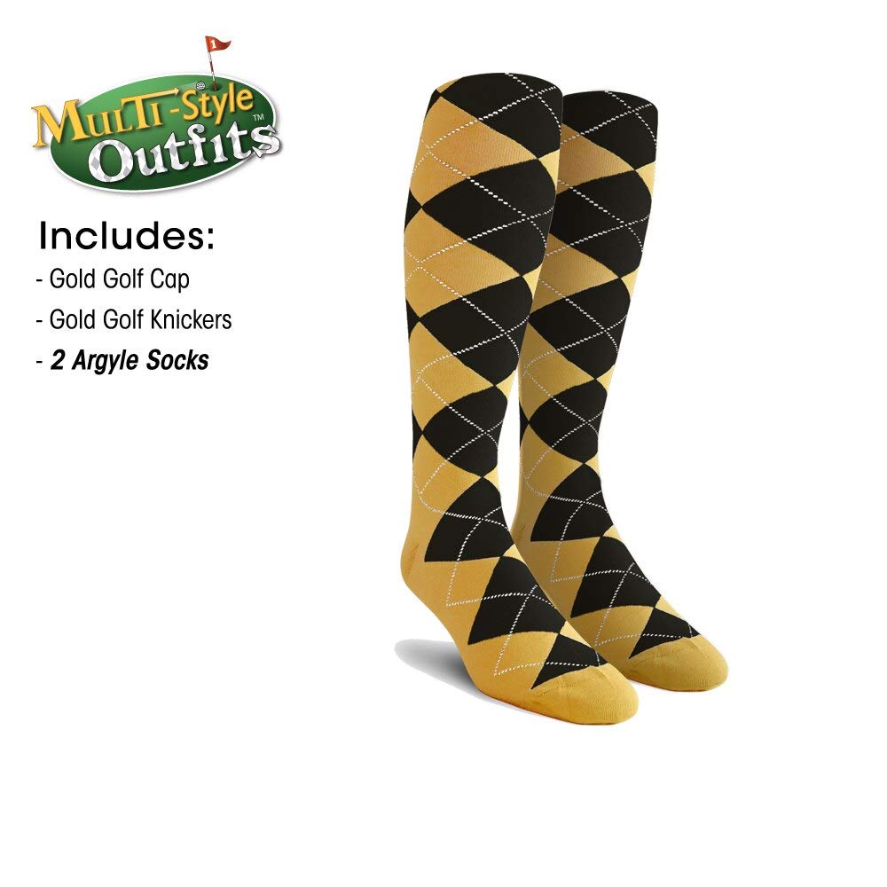 Men's Stylish Gold Golf Outfit Set - Matching Knickers, Cap & 2 Over-The-Calf Socks for Comfortable Golfing & Casual Wear