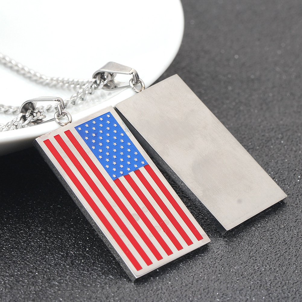 USA Flag Dog Tag Necklace - Patriotic Stars & Stripes Pendant with 24