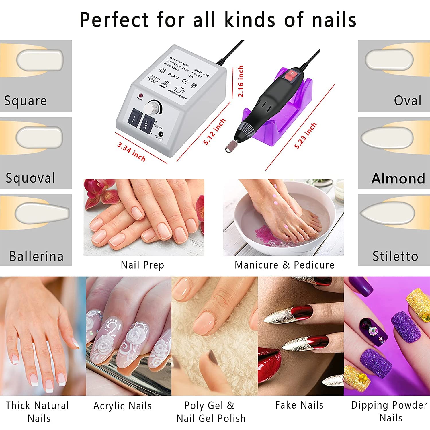 Professional Electric Nail Drill Machine Kit - Low Noise Manicure & Pedicure Tool with Sanding Bands for Acrylic Nails, Gel Polish Removal, Nail Art & Glazing - Perfect for Salon & Home Nail Care (Multicolor)
