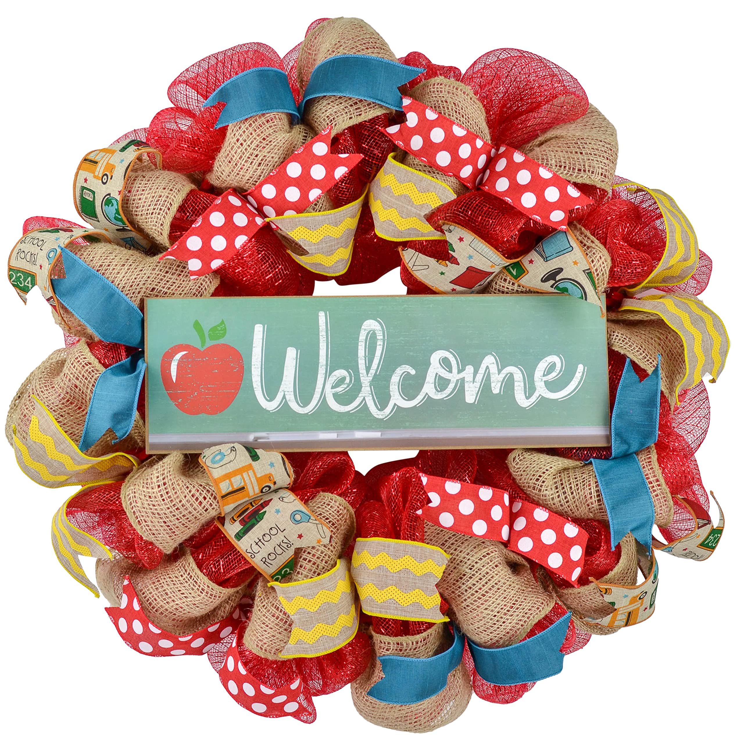 Handmade Red Burlap & Yellow Outdoor Mesh Wreath - Perfect Teacher Gift for Back to School, Classroom Decor, Front Door Welcome Wreath for All Seasons | Great for Home, Office & School Decorations