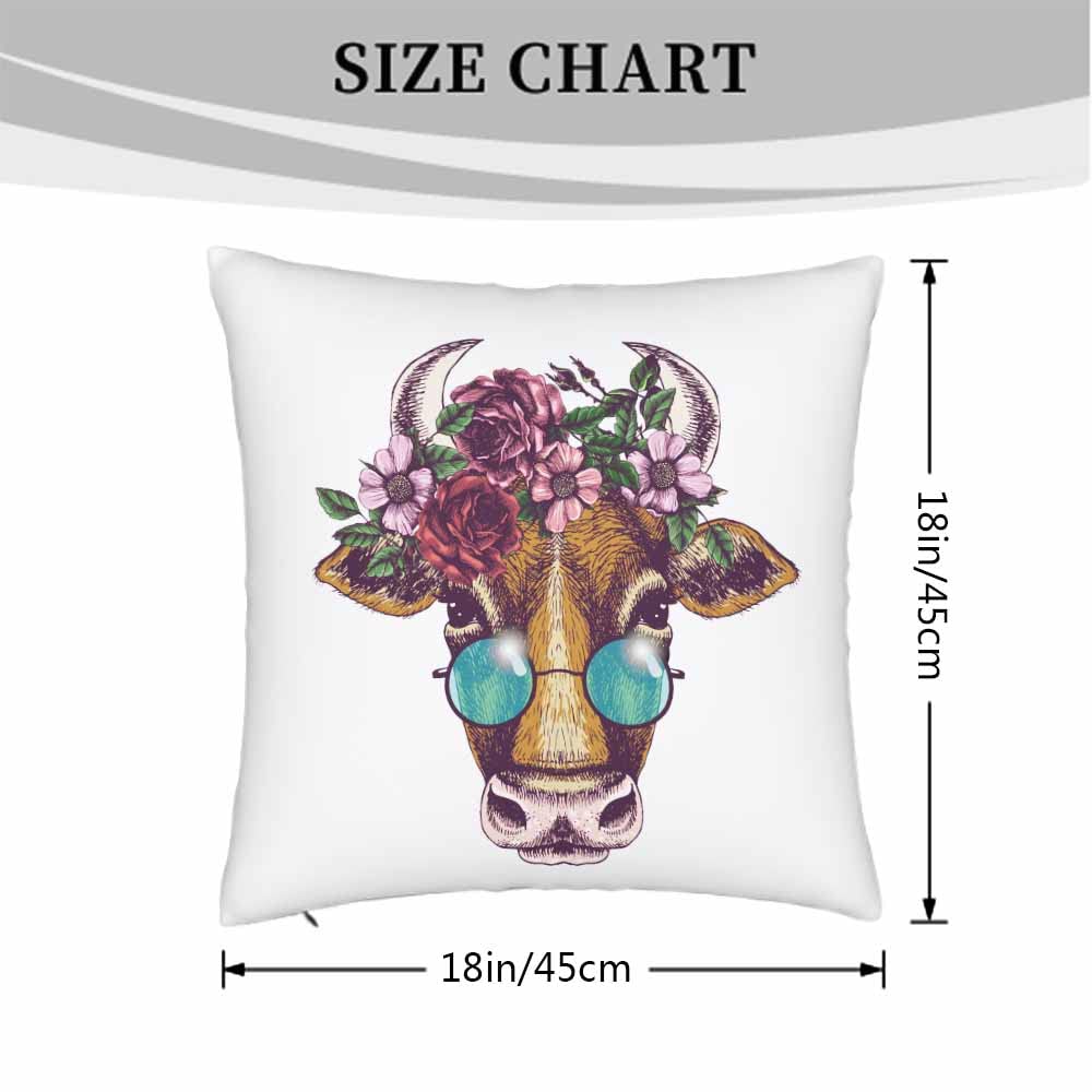Fashion Cow with Rose Floral Green Leaves Wreath & Sunglasses Throw Pillow Covers - Set of 2 Square Decorative Cushion Covers 18x18 Inch for Sofa, Bed, Living Room - Perfect Home Decor for Men & Women