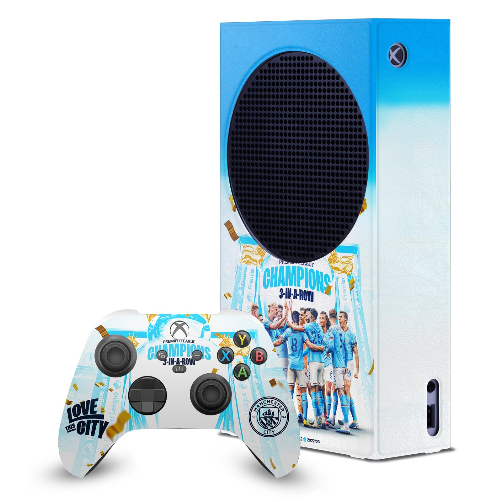 Official Manchester City FC 2023 Champions Team Poster & Console Gaming Skin Bundle - Compatible with Xbox Series S | Premium Controller Wrap & Leather Cover for Ultimate Gaming Experience | Perfect for Man City Fans & Gamers
