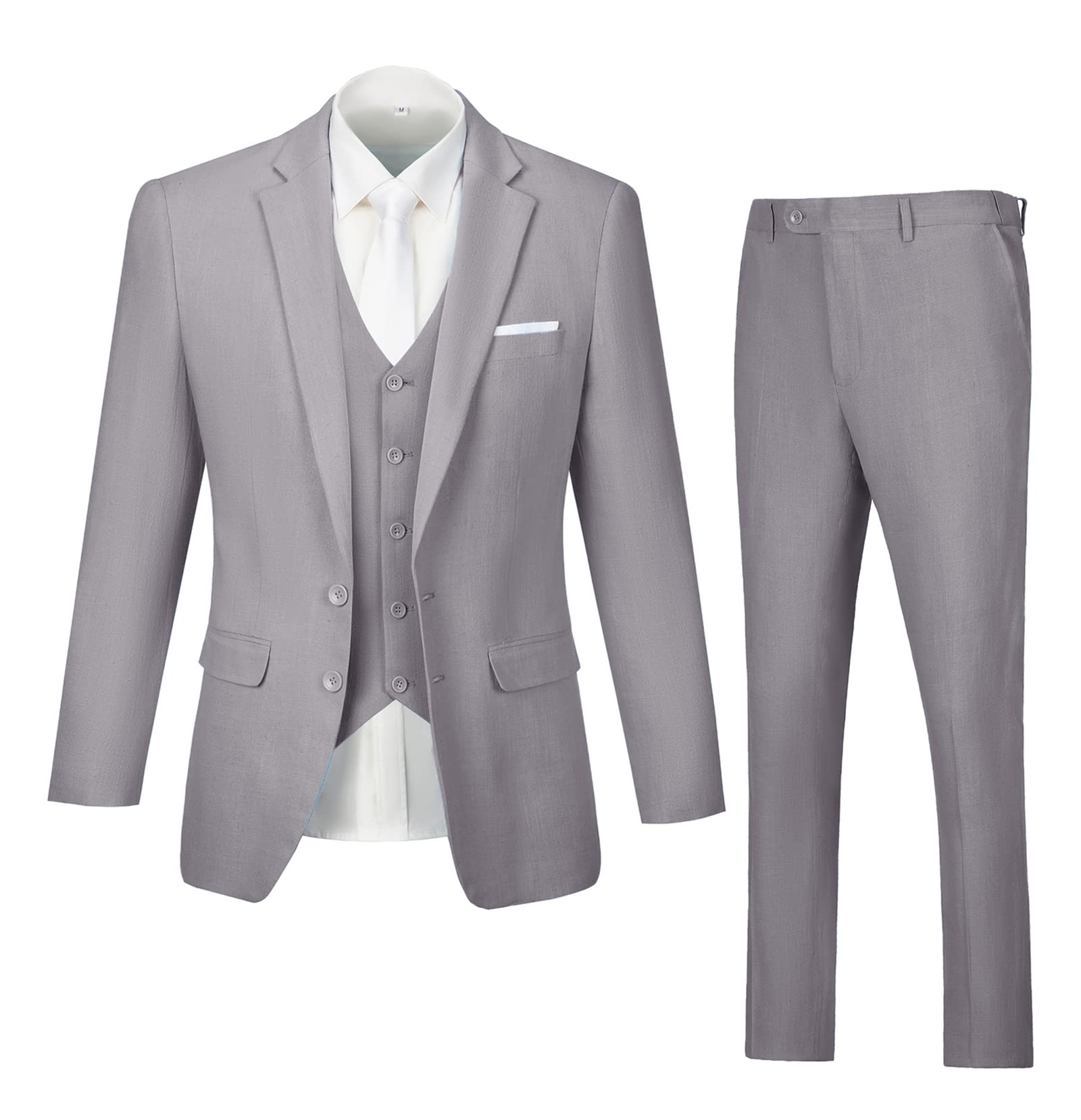 Men's Slim Fit 3-Piece Linen Wedding Suit Set - Groomsmen Tuxedo Blazer, Pants & Vest for Prom, Party & Formal Occasions | Breathable Summer Suit for Weddings & Special Events