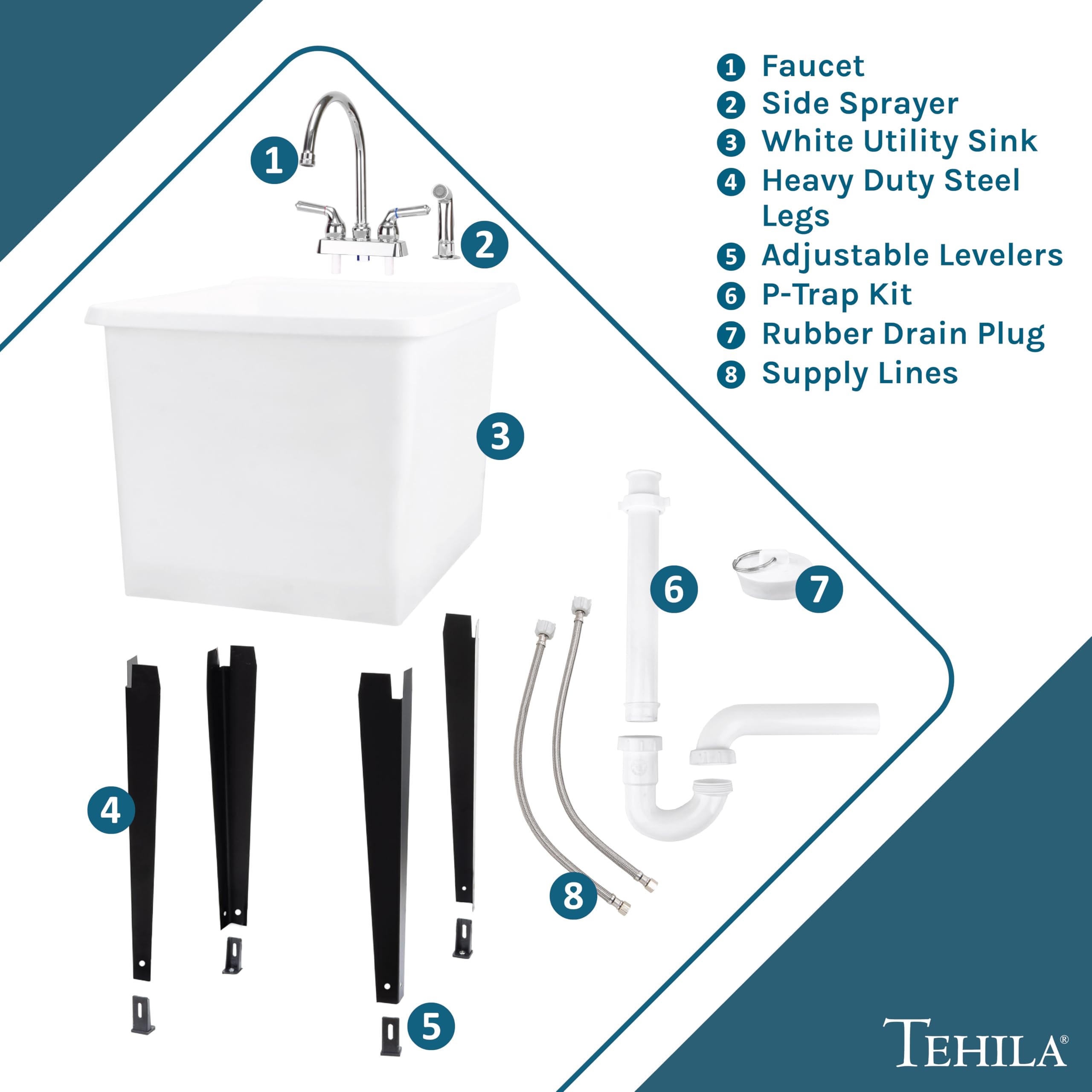 JS Jackson Supplies White Space Saver Utility Sink - Freestanding Laundry Tub with Chrome Gooseneck Faucet & Side Sprayer | Perfect for Small Laundry Rooms, Basements & Garages