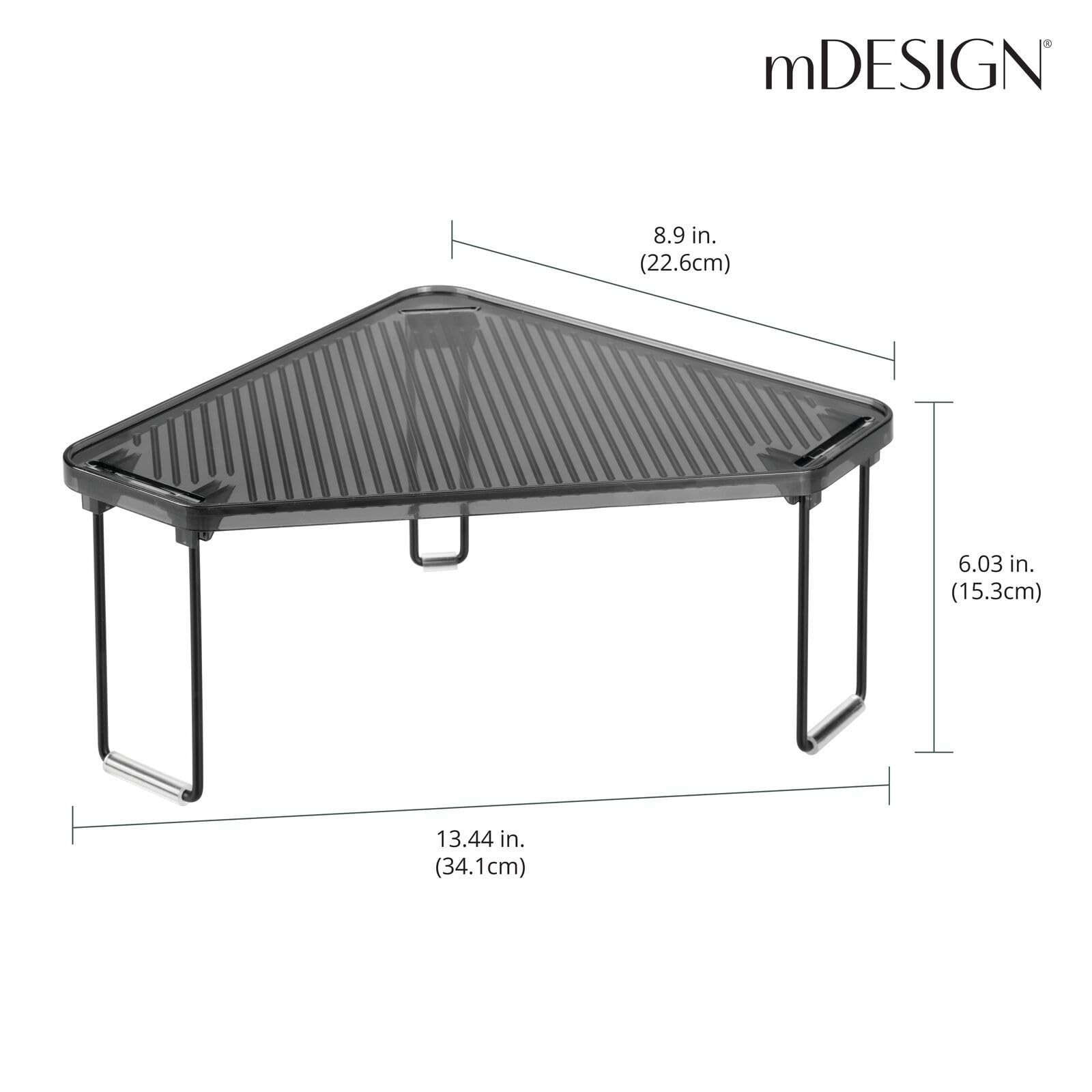 mDesign Plastic/Steel Corner Stackable Shelf Organizer - 2 Pack Black/Smoke Gray - Bathroom Vanity Storage for Makeup, Shower Accessories - Perfect for Small Spaces Under Sink, Cabinet & Countertop Organization