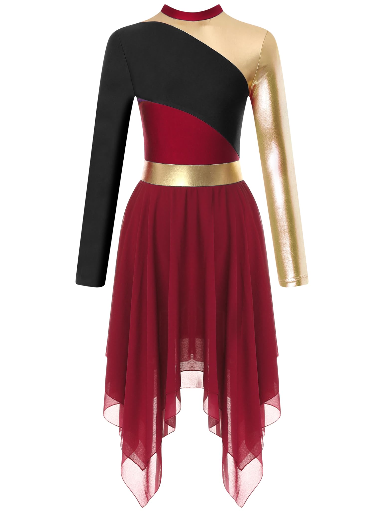 Women Metallic Block Lyrical Praise Dance Tunic Long Sleeve Bell Liturgical Worship Dance Dress Costume for Church Performances and Christian Celebrations