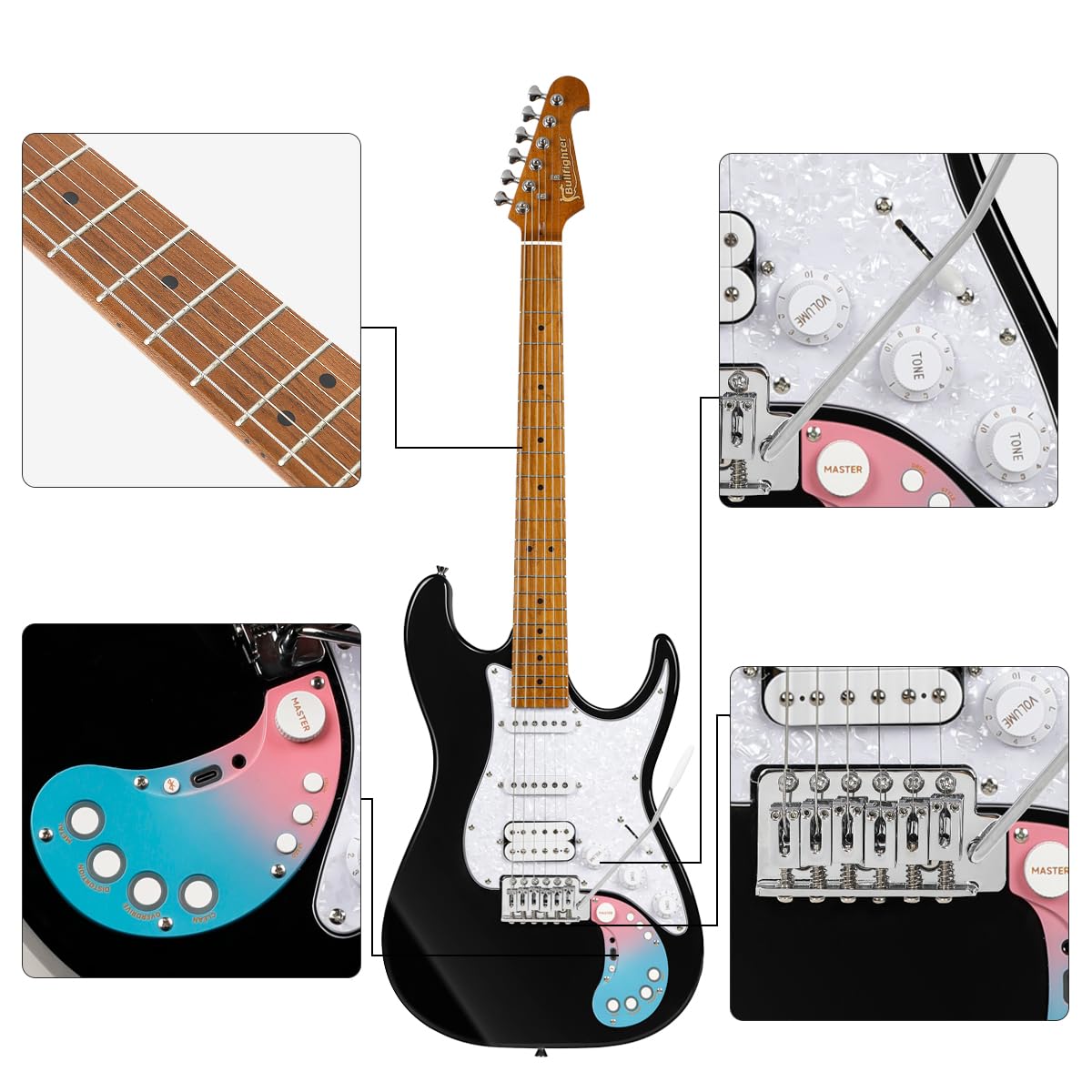 Smart Electric Guitar Kit D160SE with Effects System, SSH Pickup & Loop Drum Machine - Roasted Maple Fretboard All-in-One Performance Guitar for Beginners to Pros (Black) | Perfect for Live Shows, Studio Recording & Home Practice