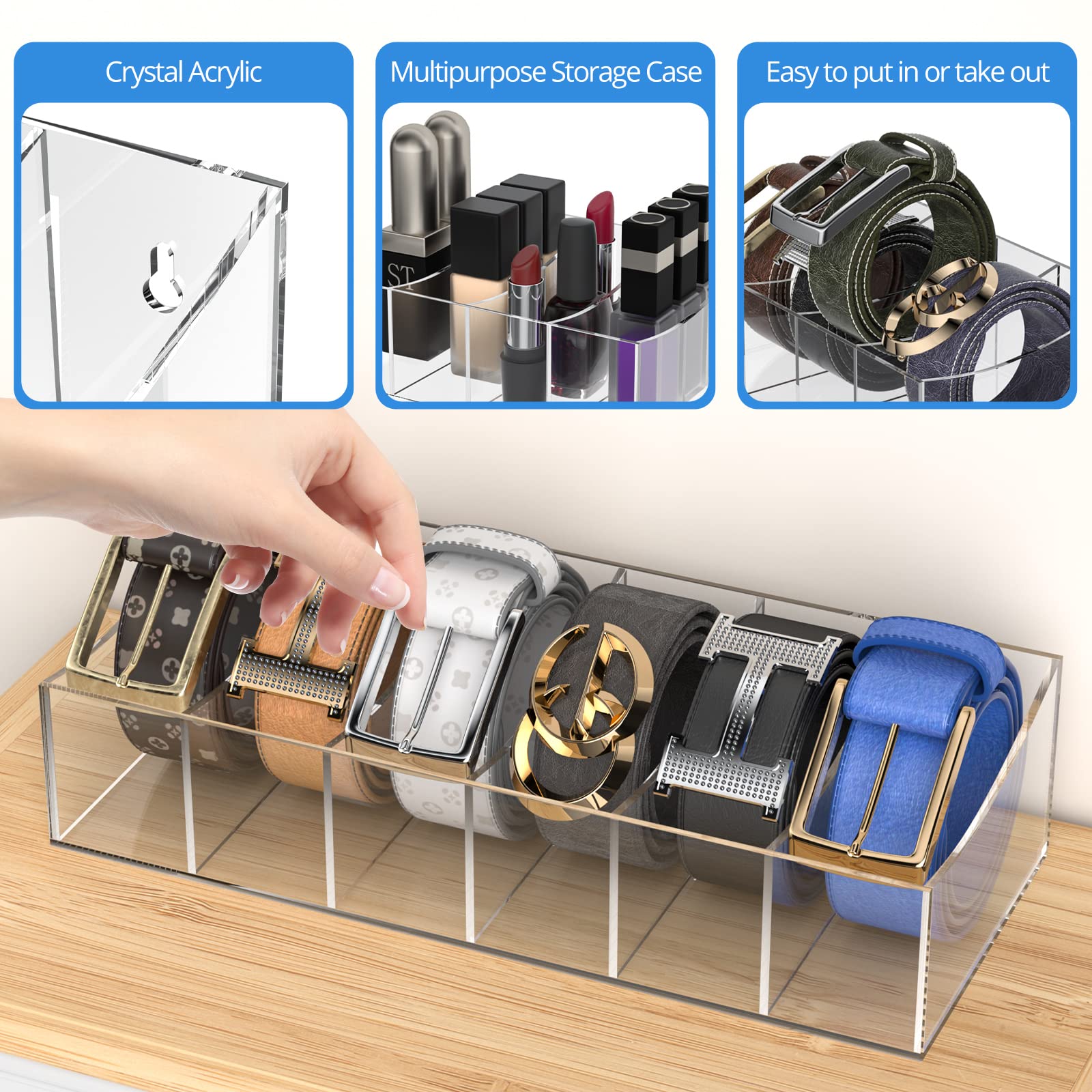 Acrylic Belt Organizer with 6 Compartments - Clear Belt Storage Holder for Closet & Drawer - Perfect for Ties, Bow Ties & Accessories - Ideal for Home, Office & Travel Organization