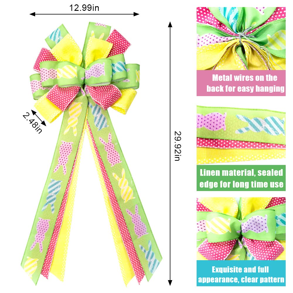 Large Easter Wreath Bows for Front Door - Pink Yellow Green Burlap Bows with Easter Bunny Rabbits Design | Spring Holiday Decor for Wreaths, Wall, Tree Topper | Perfect for Easter Home Decorations & Spring Party