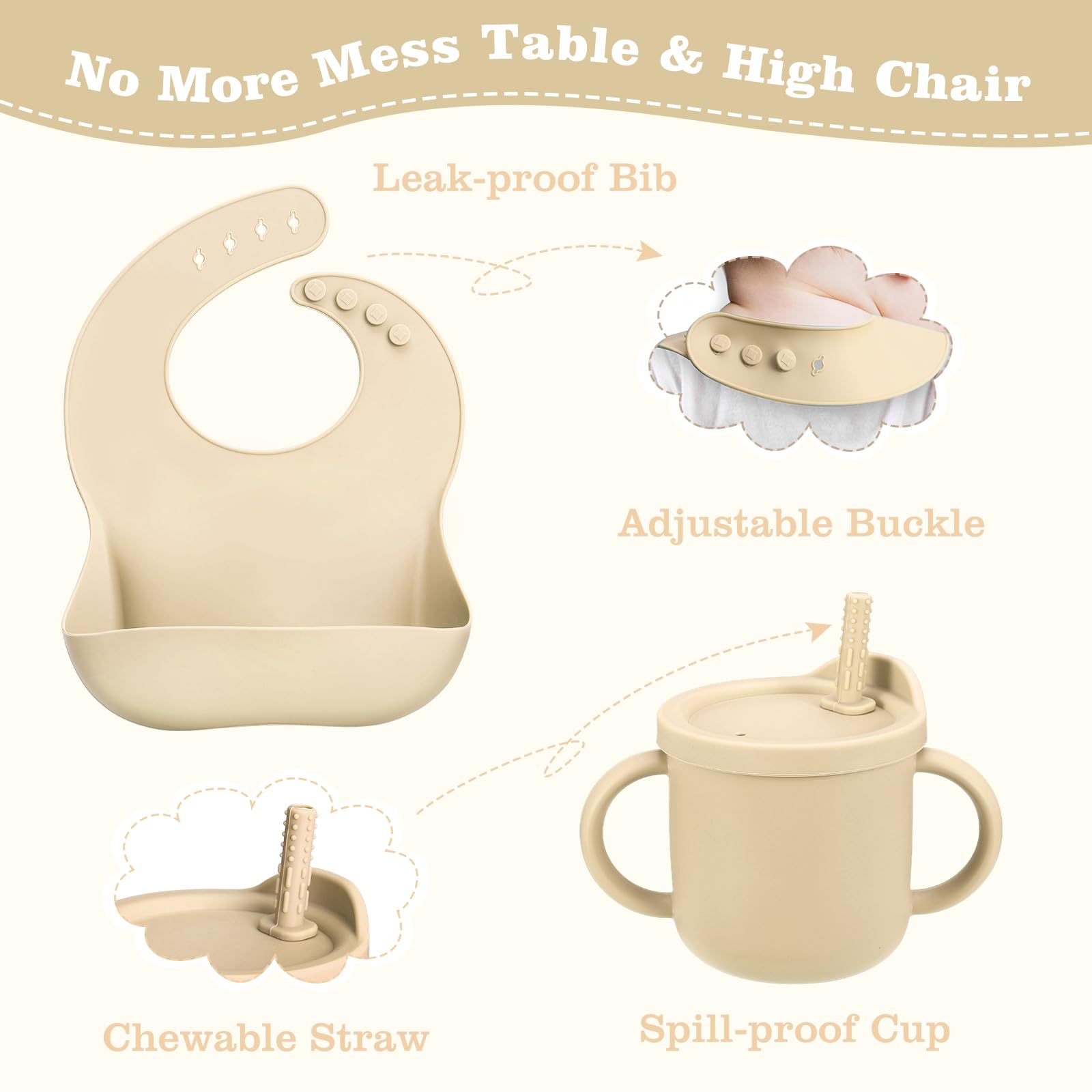 **Silicone Baby Feeding Set - Self Feeding Dish with Suction Bowl, Divided Plate, Spoons, Forks, Sippy Cup & Adjustable Bib - Toddler Weaning Supplies for 6+ Months (Beige) - Perfect for Baby-Led Weaning, Mess-Free Meals & Travel**